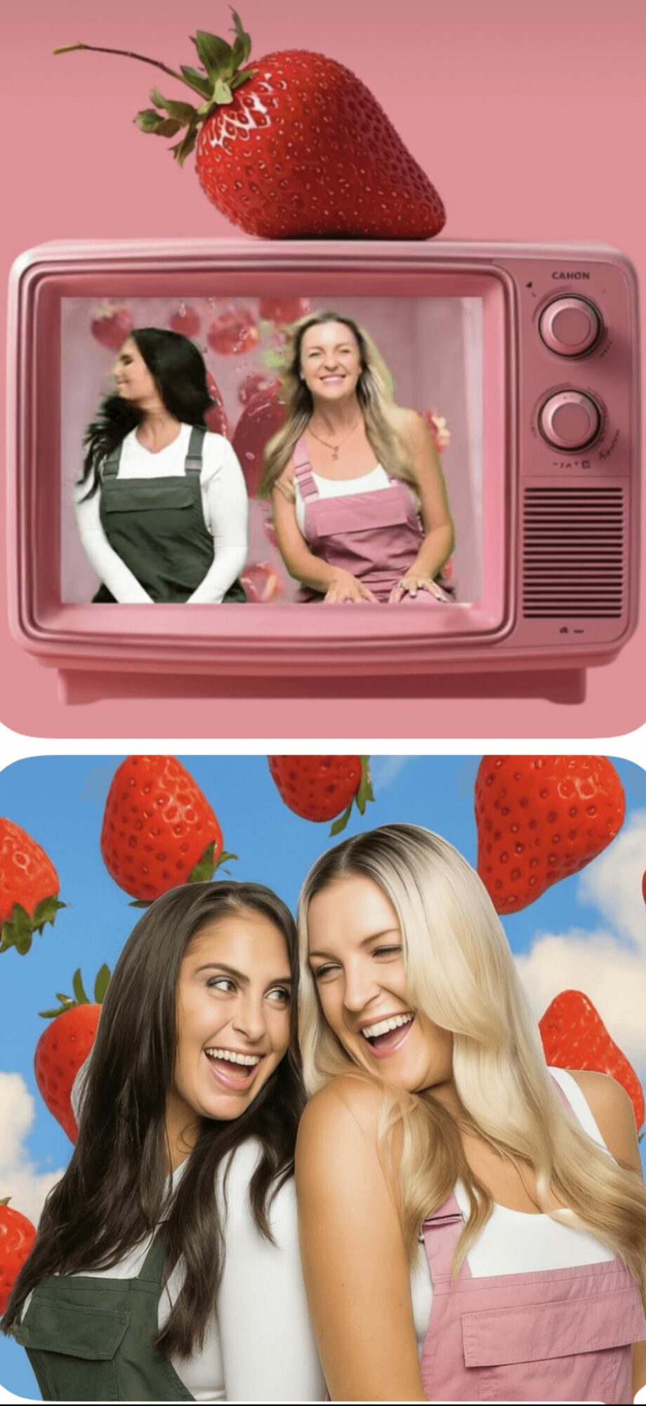 Two women smiling and laughing outdoors with strawberries floating around them.