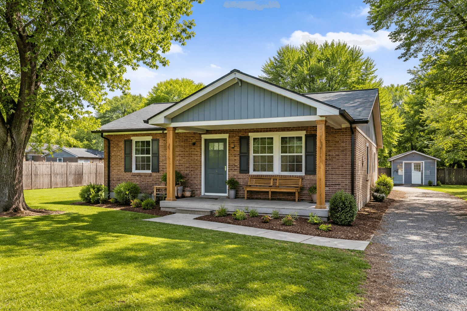 Single-story brick house with front porch, surrounded by green lawn and trees, with a driveway and small shed in background.