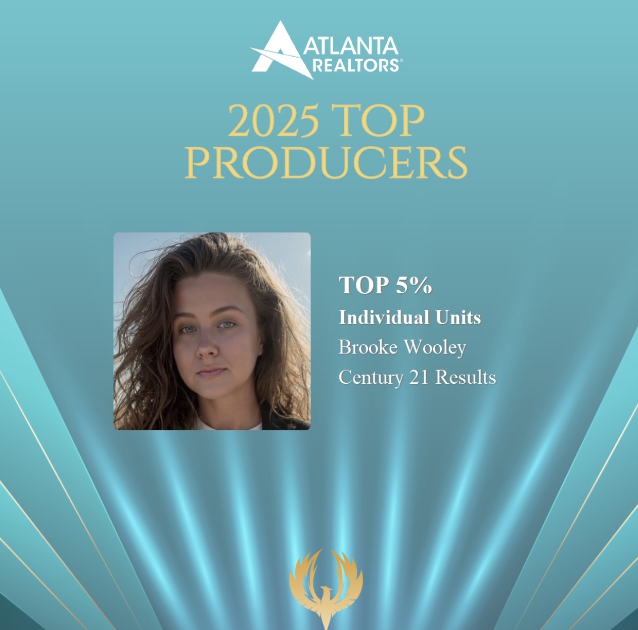 Award certificate with a woman's photo, Atlanta Realtors logo, and text about top producers and individual units.