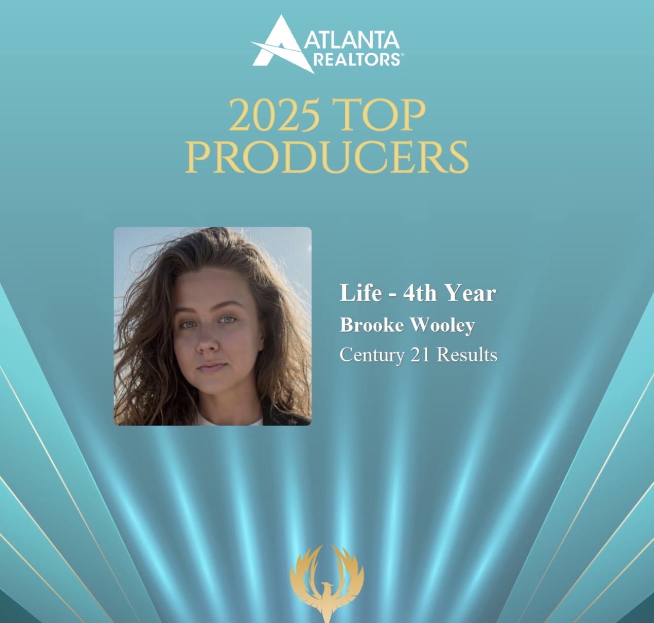 Award certificate for Brooke Wooley, 4th year life producer, Atlanta Realtors, 2025 top producers, Century 21.