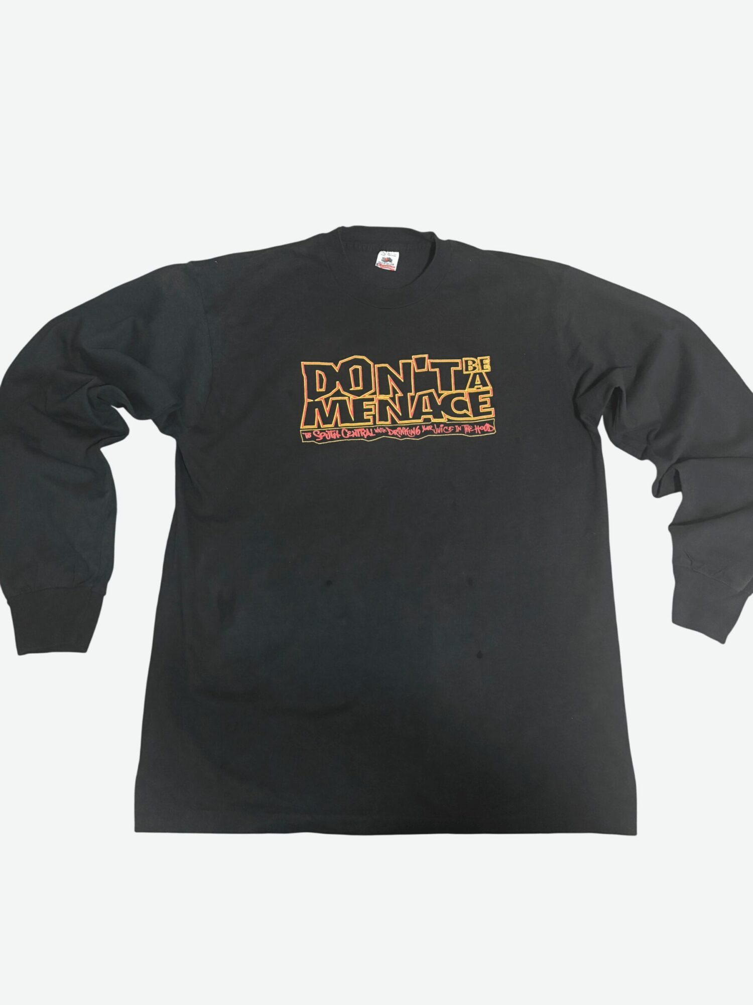 Black long-sleeve shirt with a graphic text design on the front, laid flat against a light background.