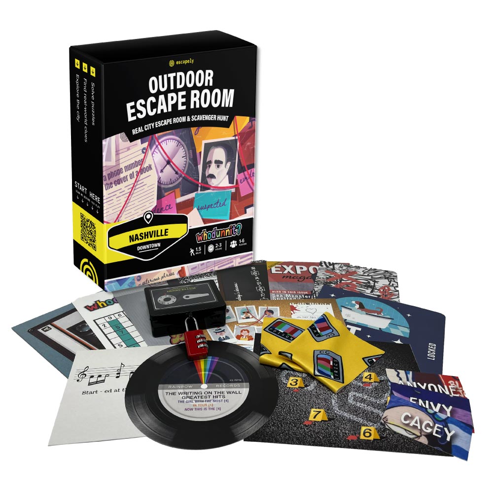 Outdoor escape room game kit with cards, record, and game box, laid out on a white surface.