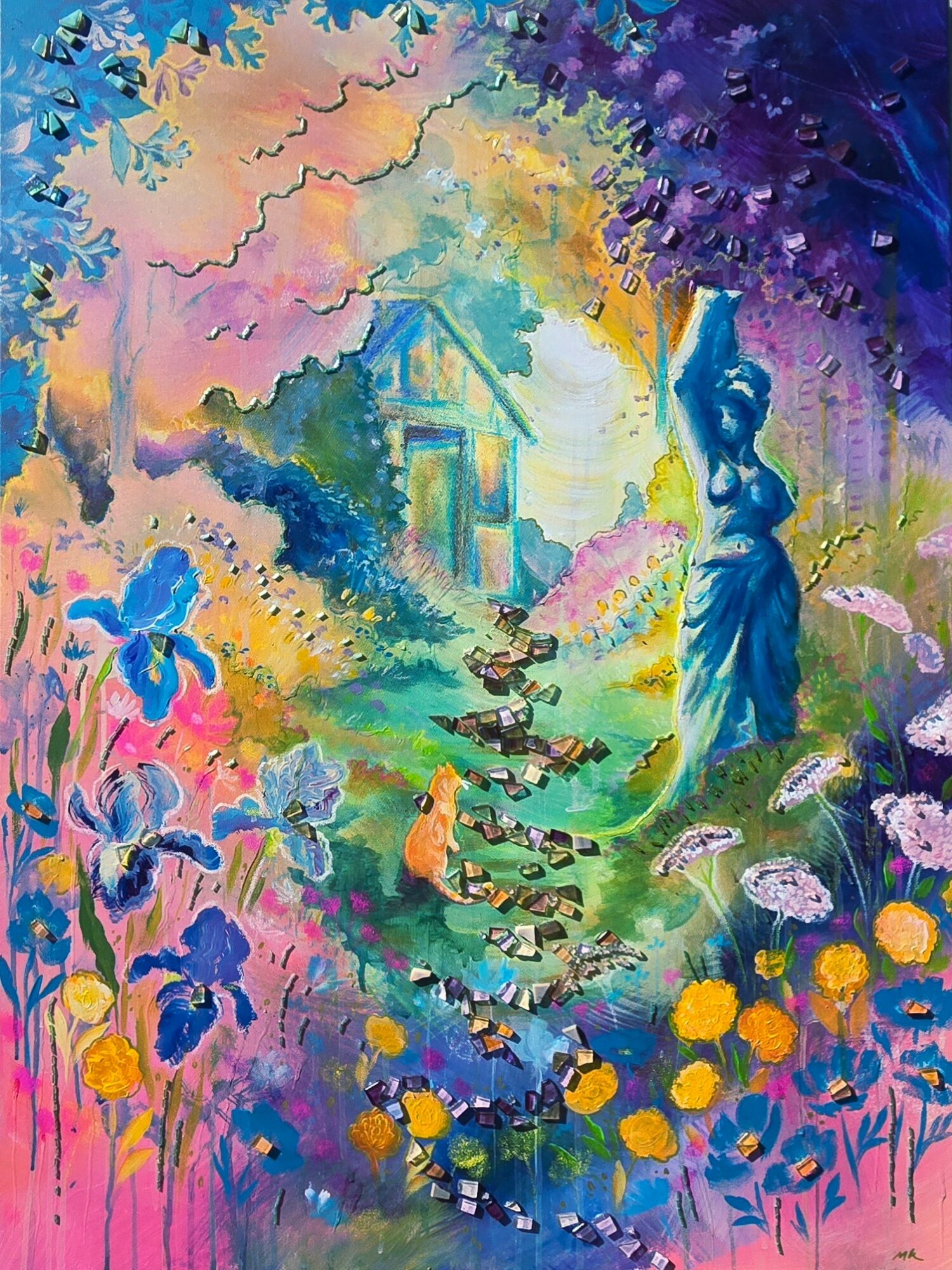 Colorful fantasy landscape with trees, flowers, a stream, a fox, and a statue in a vibrant garden scene.