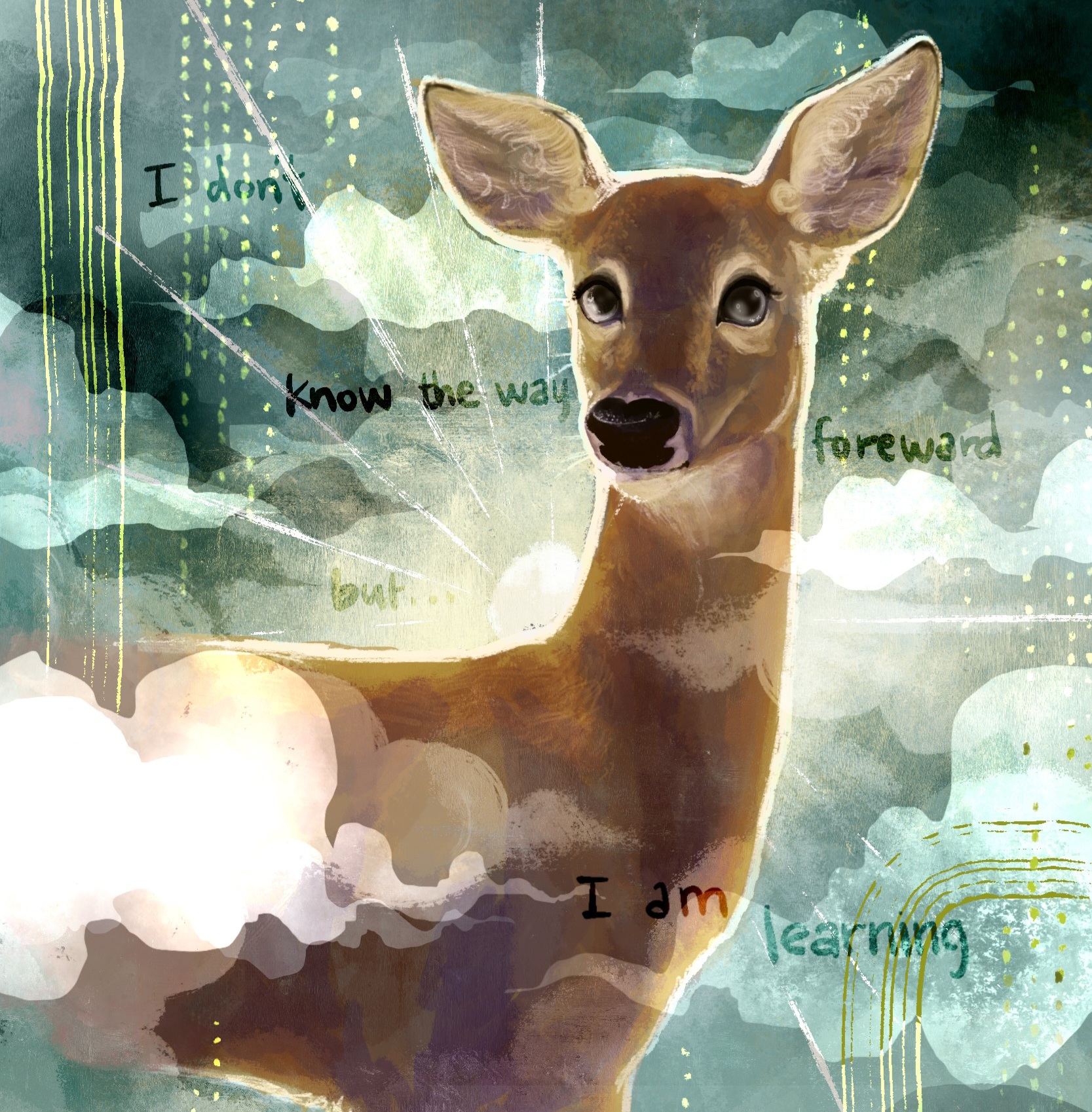 Young deer with large ears in a colorful, abstract background with text and light effects.