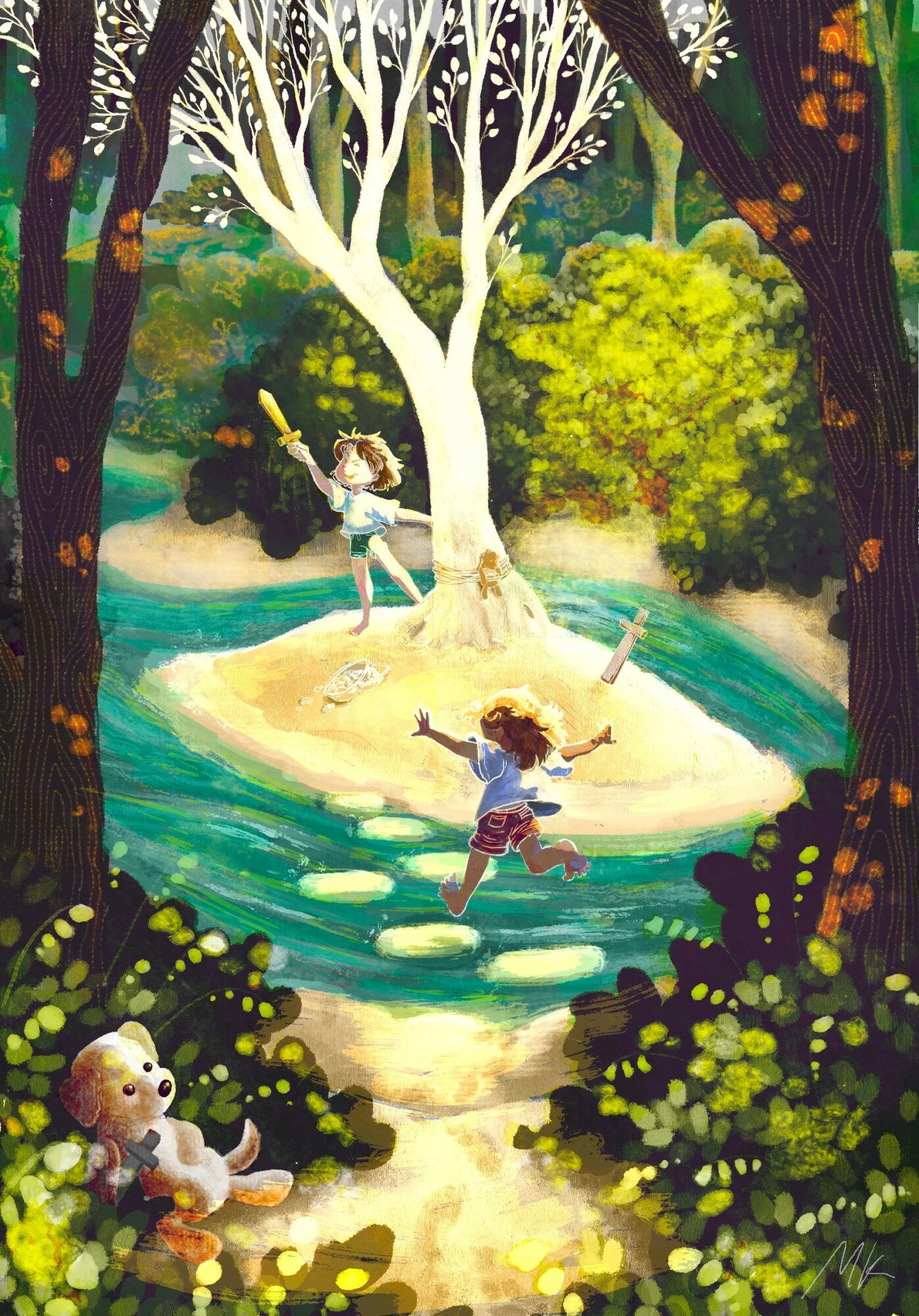 Children playing on a small island surrounded by water, with trees and bushes in the background and a teddy bear in the foreground.