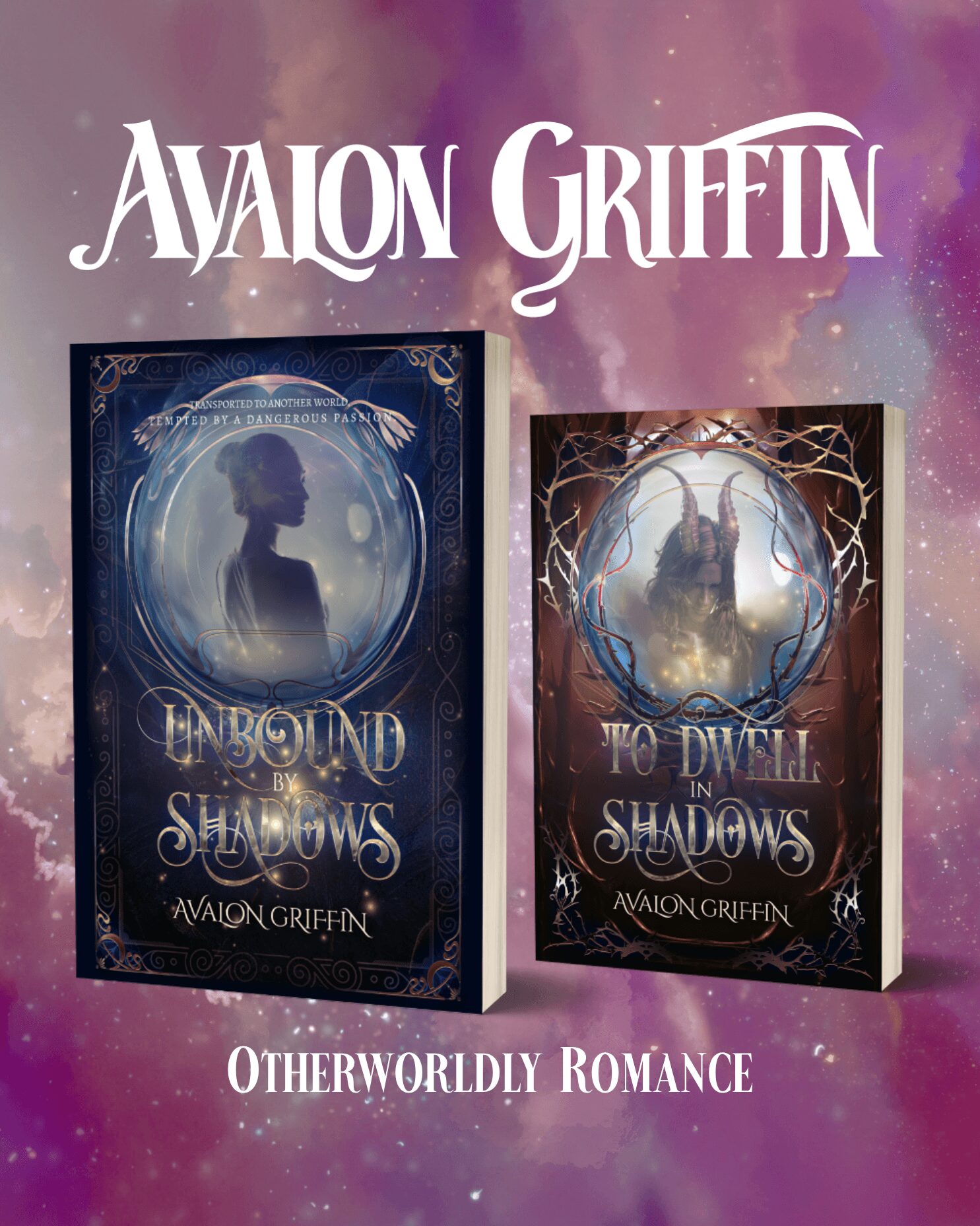 Book covers with fantasy artwork and titles, set against a purple and pink cosmic background.