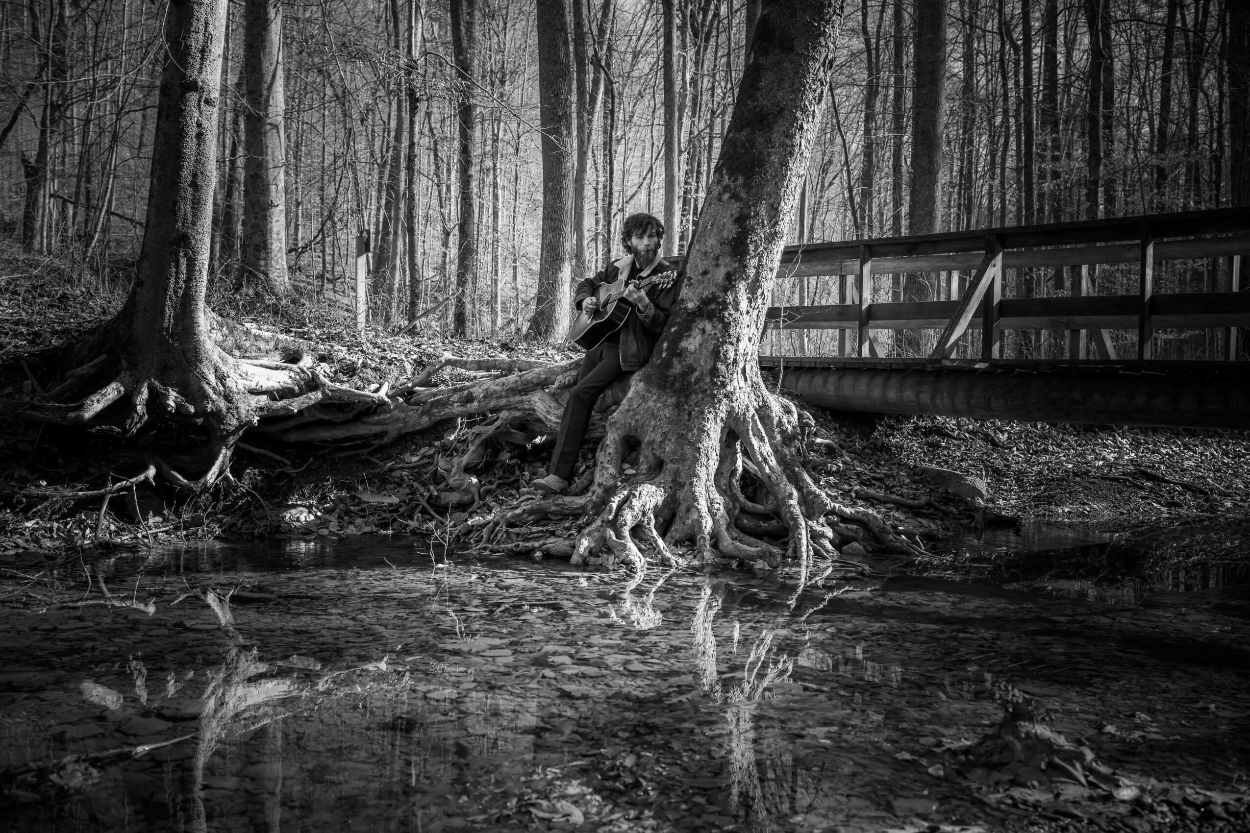Child sitting on a tree root near a creek in a forest with a wooden bridge nearby.
