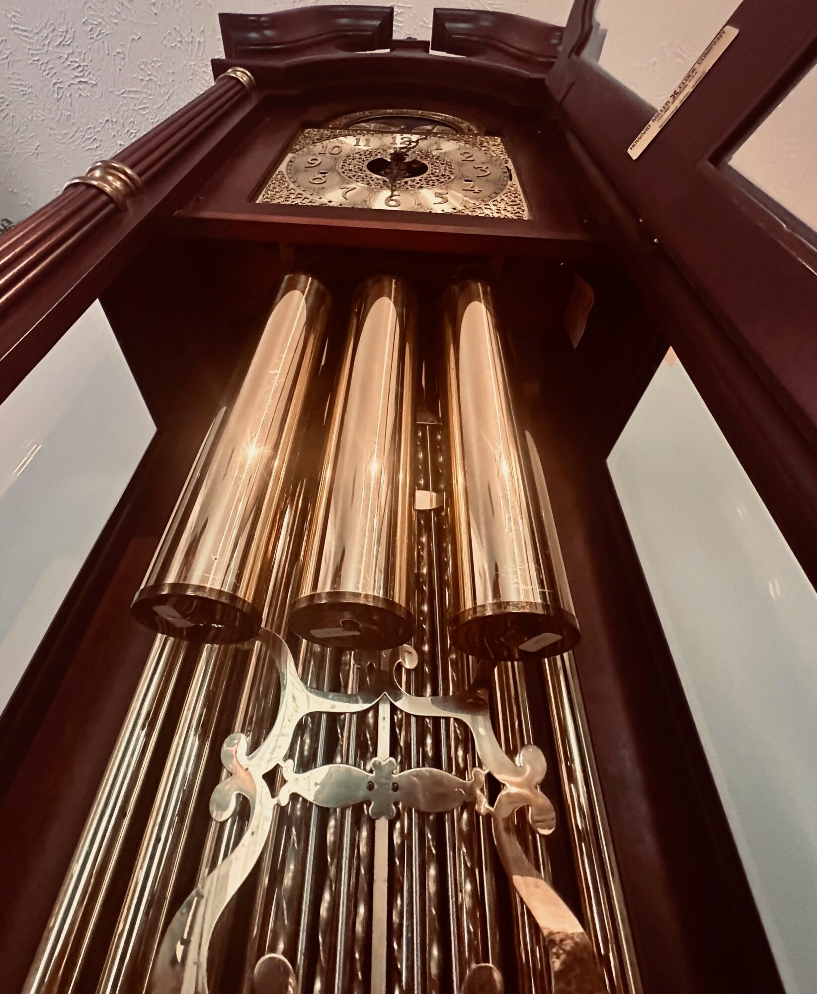 Close-up of the interior of a tall, dark wooden grandfather clock with three long, shiny metal weights hanging inside.
