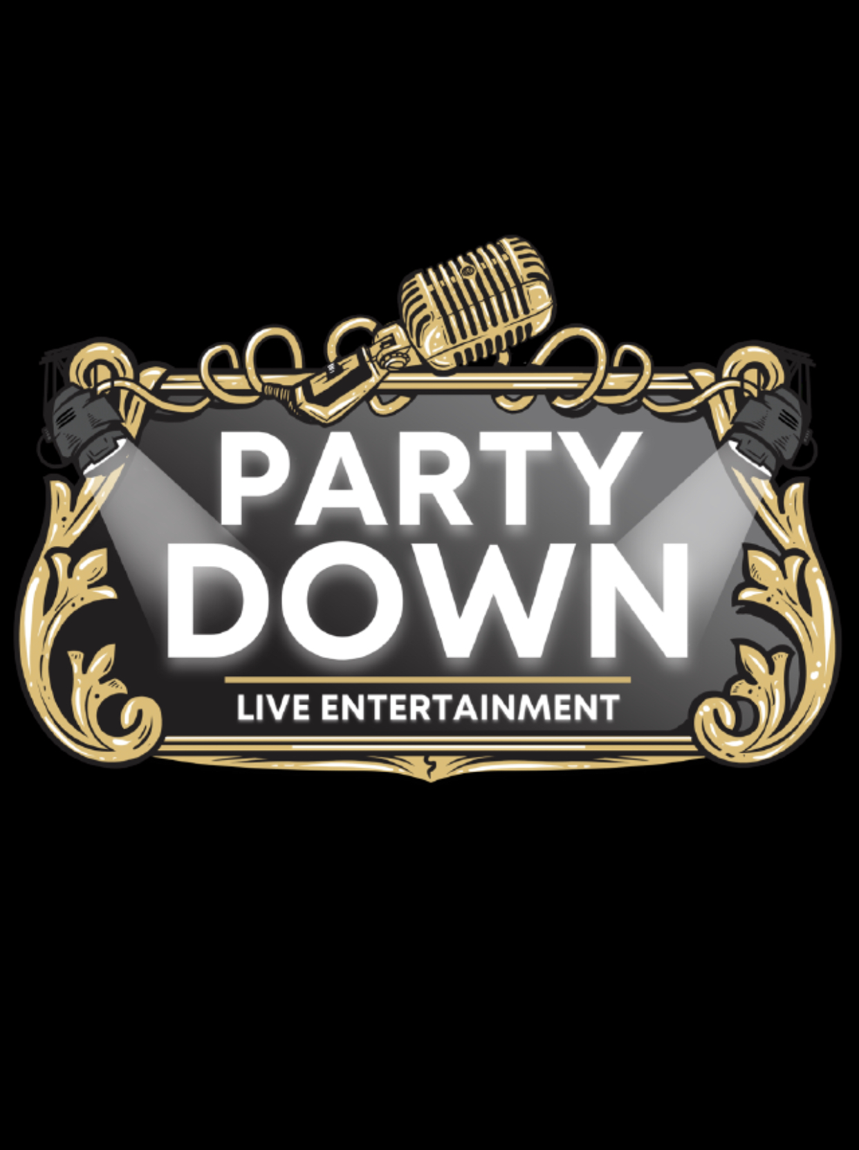 Gold and black sign with a microphone and decorative elements, reading 'Party Down Live Entertainment'.