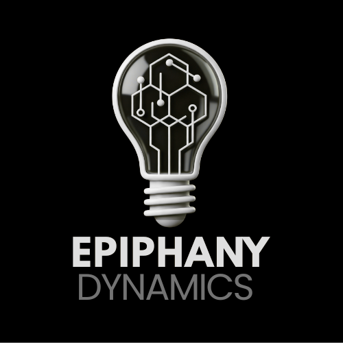 Lightbulb with circuit design inside, text reads 'EPIPHANY DYNAMICS' below, black background.