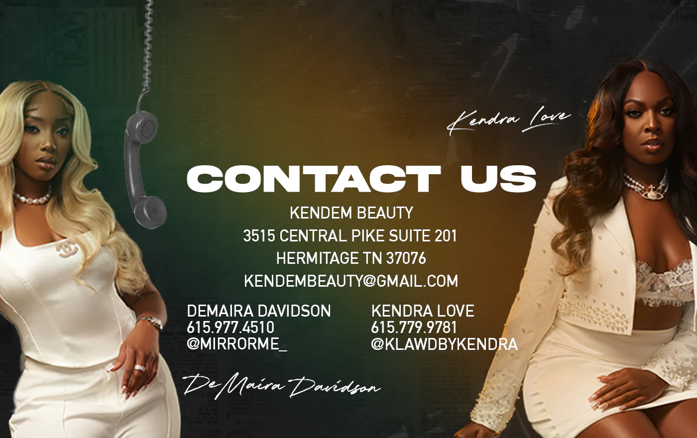 Two women in elegant dresses stand on a dark background with contact information for a beauty business.
