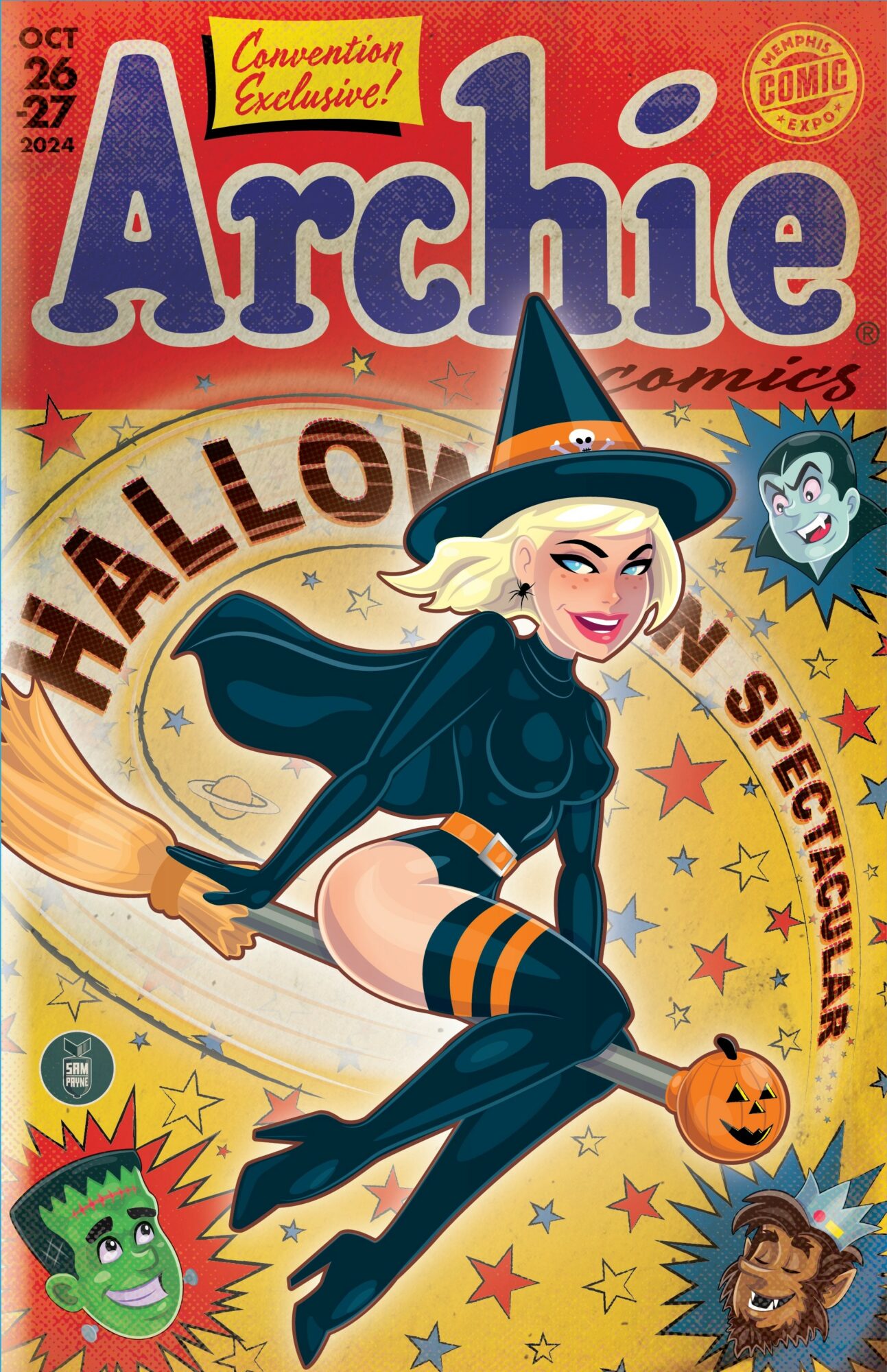 Comic book cover featuring a witch flying on a broomstick with a pumpkin, surrounded by colorful stars and characters.