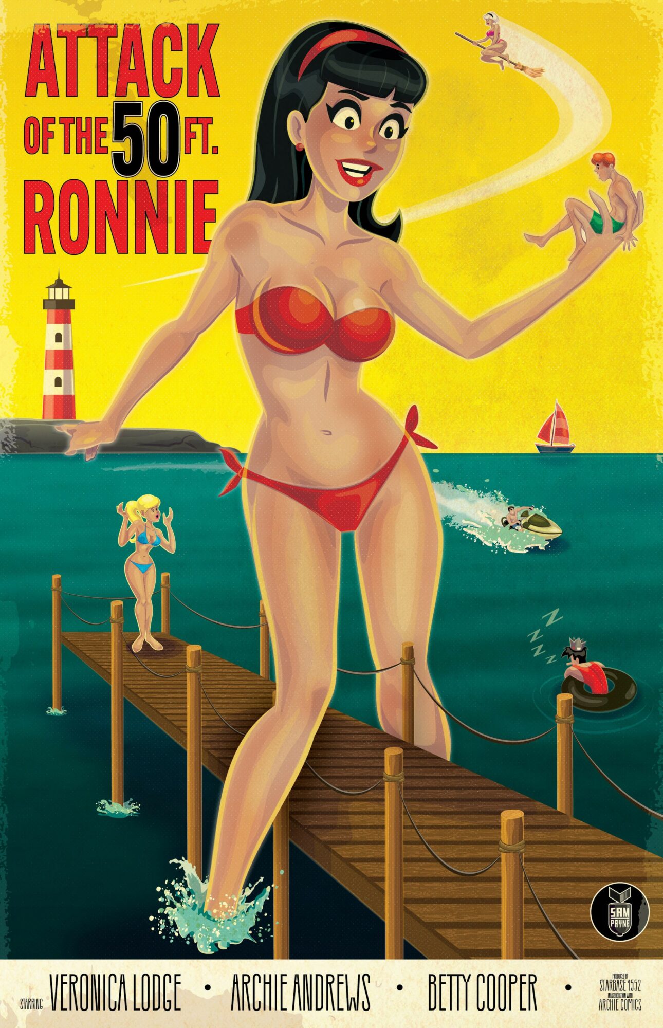 Animated woman in red bikini on a dock by the sea, lighthouse, and boats, with a yellow background.