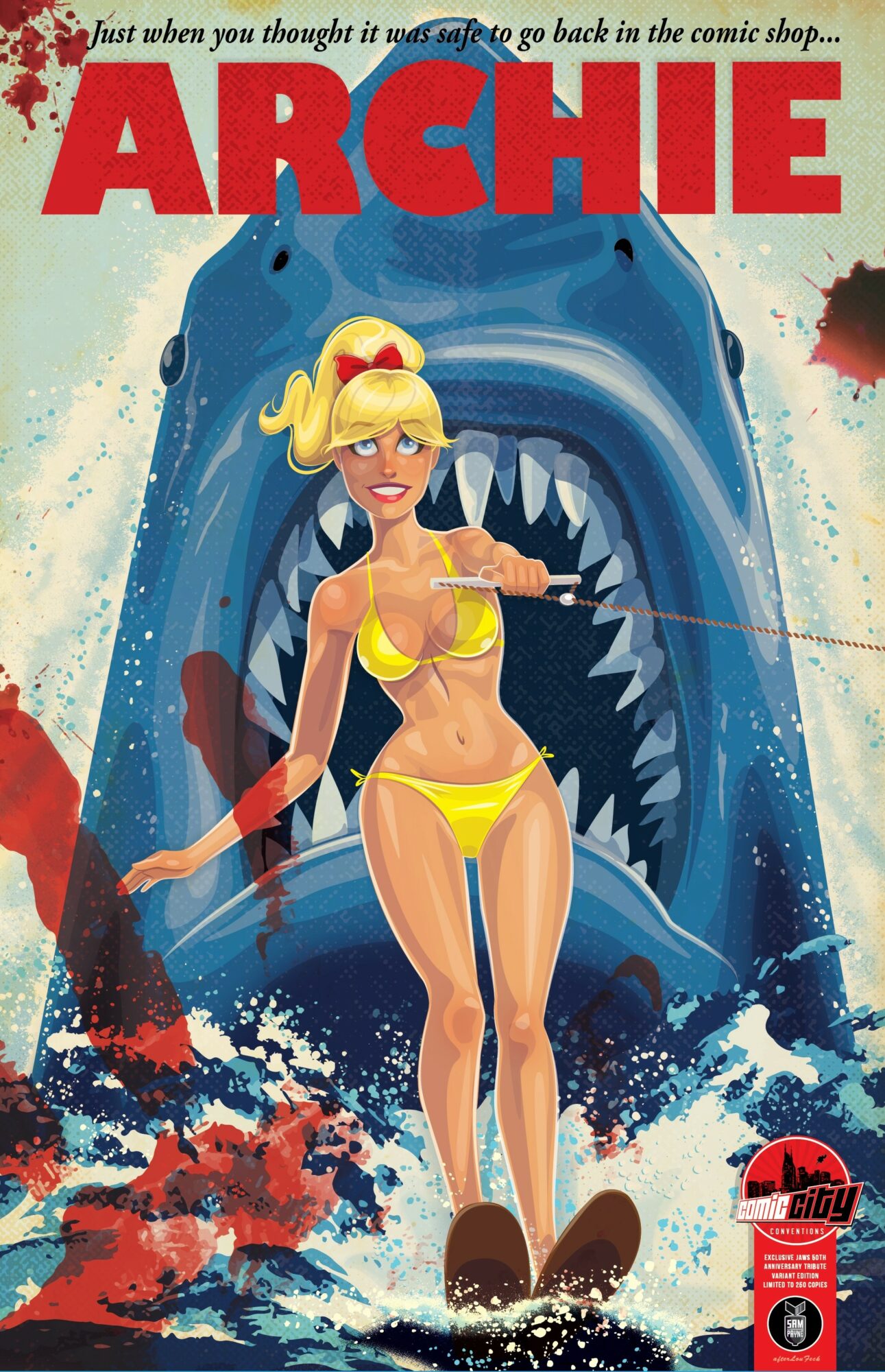 Cartoon woman in yellow bikini standing in water with a large shark behind her, mouth open showing sharp teeth.