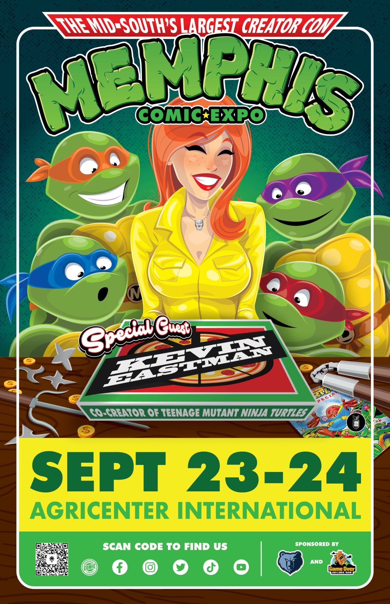 Four Teenage Mutant Ninja Turtles characters and a woman smiling at Memphis Comic Expo poster, event details below.