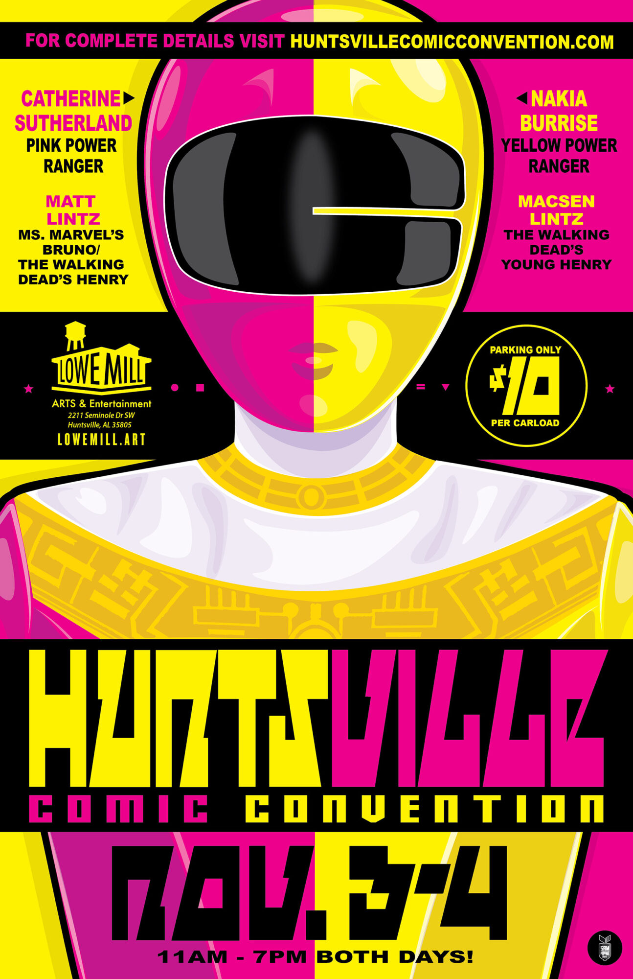 Poster for Huntsville Comic Convention featuring a stylized person with a helmet and bright colors.