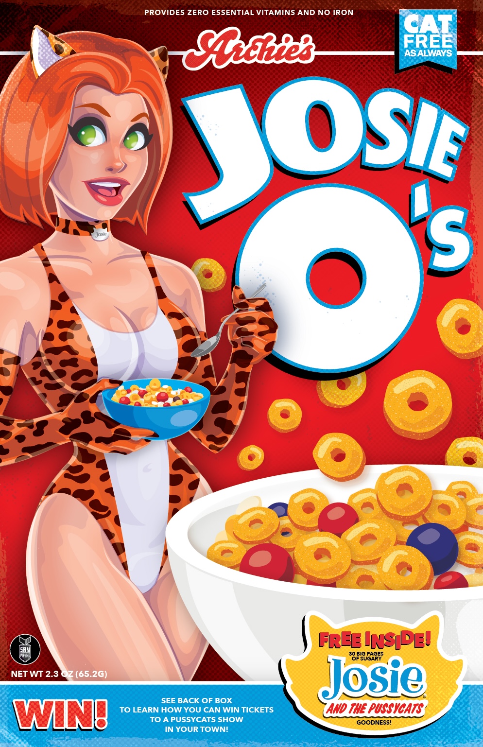 Cartoon girl with red hair and green eyes holding a bowl of cereal, surrounded by cereal rings and a large bowl.