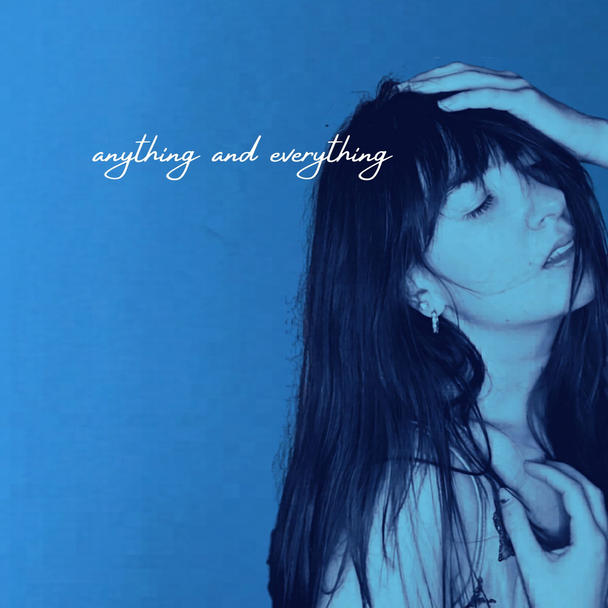 Woman with long dark hair touching her head and neck, eyes closed, blue background, text overlay.