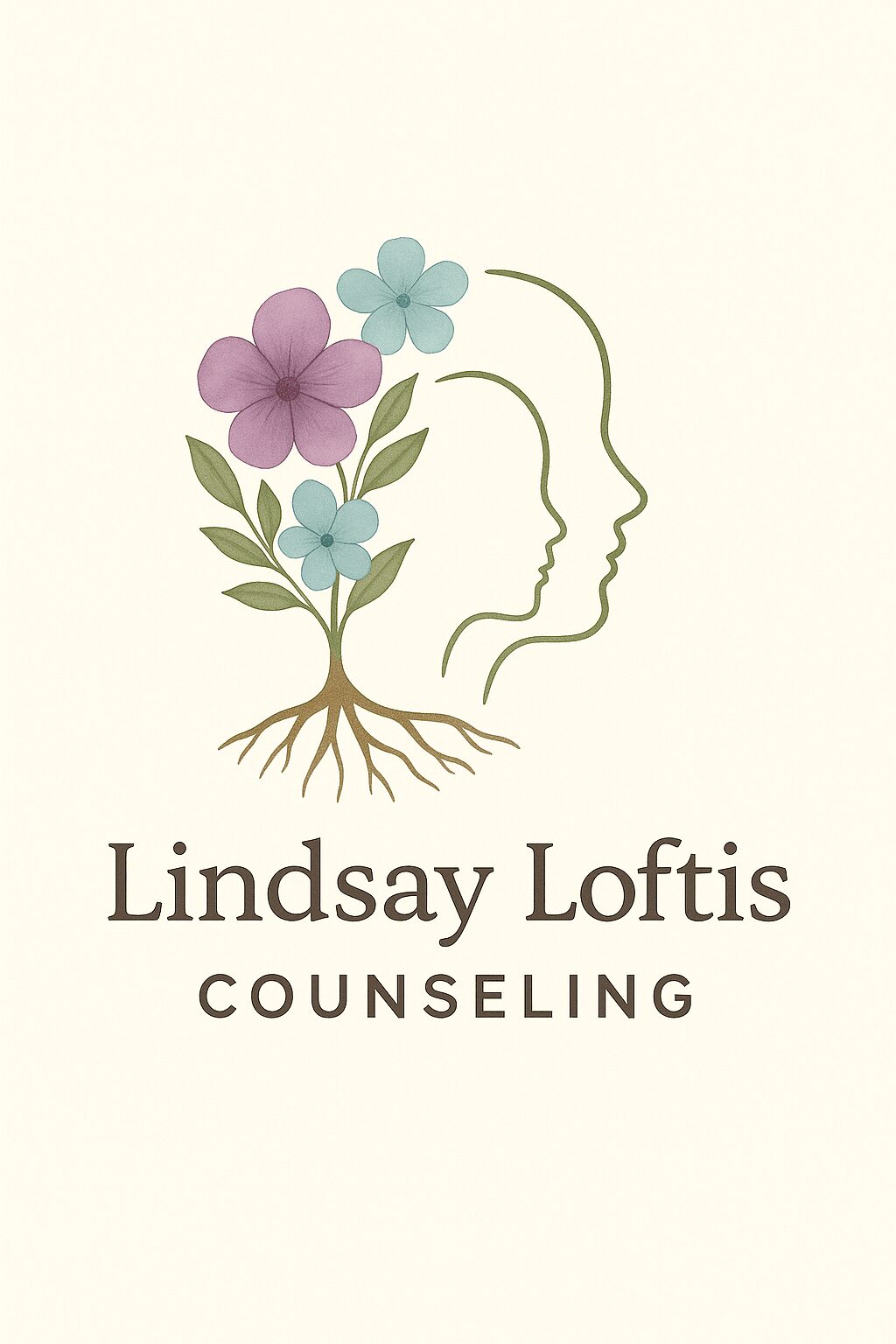Logo with flowers, tree roots, and two human profiles, with text 'Lindsay Loftis Counseling'.