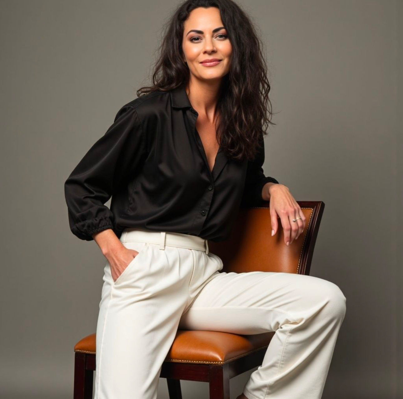 Woman with dark wavy hair wearing black blouse and white pants sitting on a chair against a plain background.
