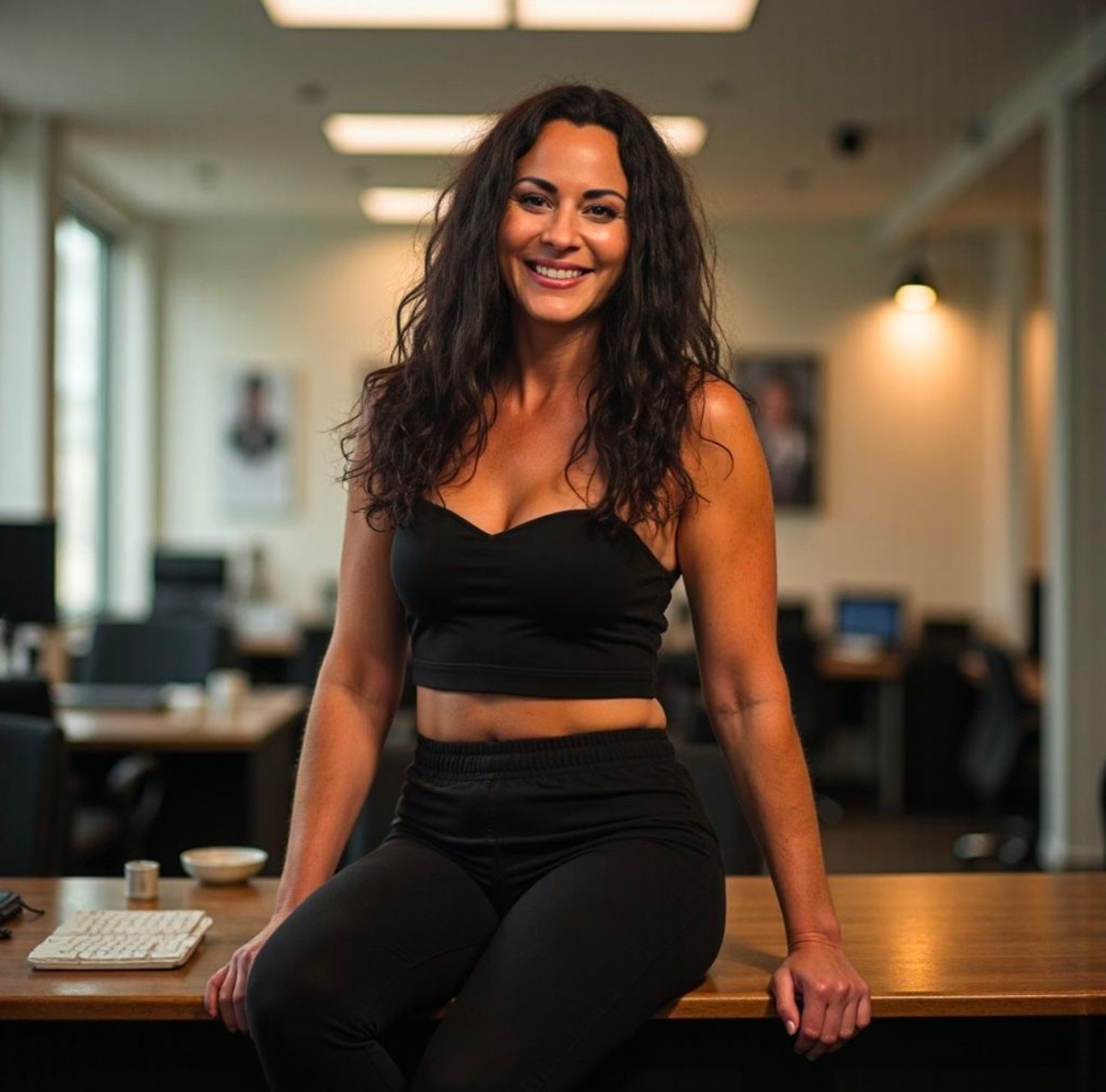 Woman with long curly hair smiling, sitting on a desk in an office, wearing a black crop top and pants.