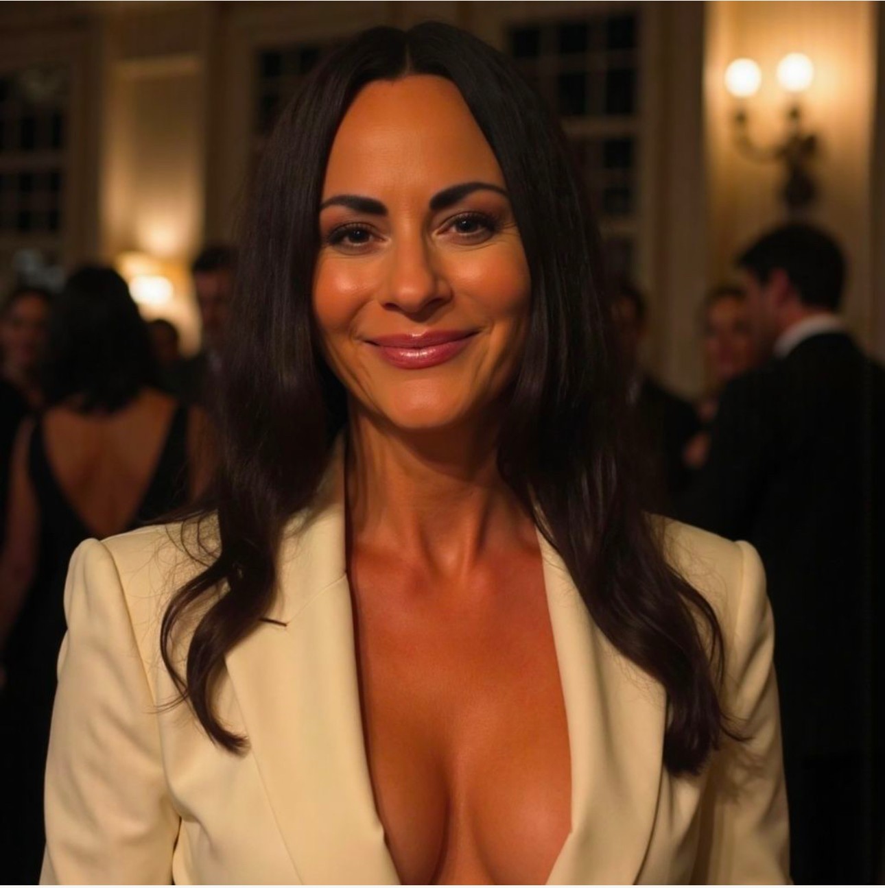 Woman with dark hair in a cream blazer at an indoor event, smiling, with blurred background of people and warm lighting.