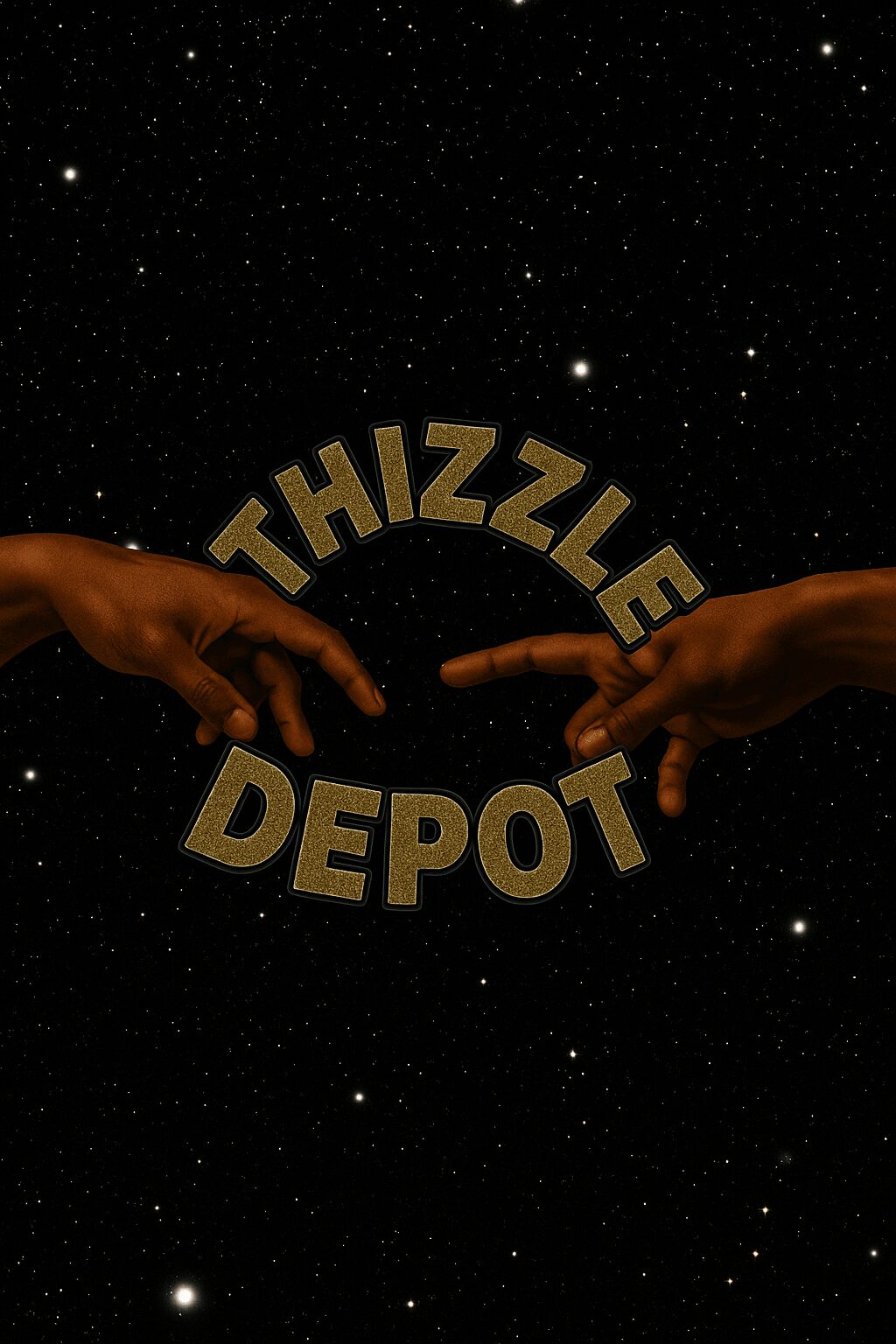 Two hands reaching towards each other against a starry background with text 'THIZZLE DEPOT' in the center.
