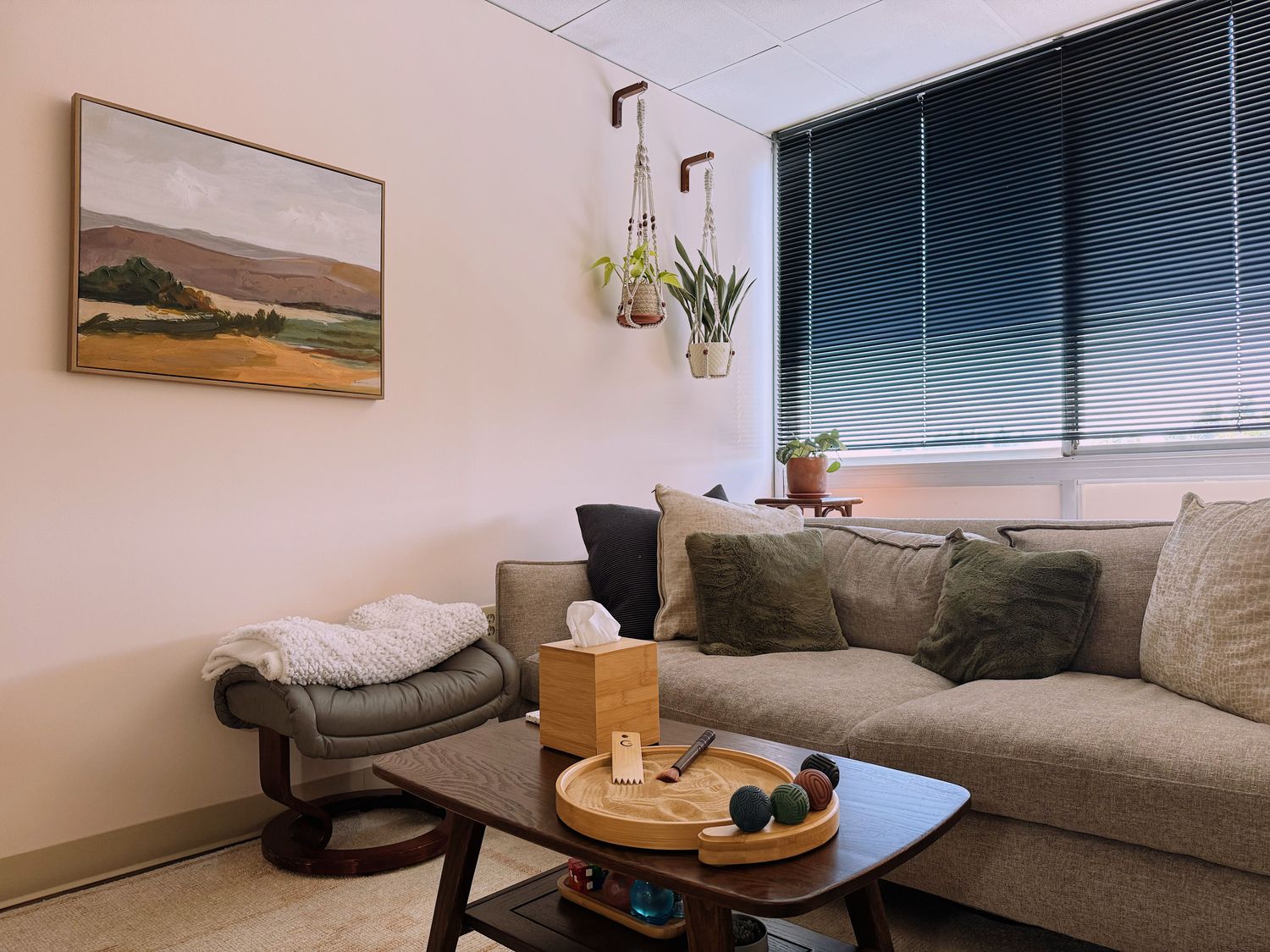 Living room with a gray sofa, pillows, a wooden coffee table, and a window with blinds.
