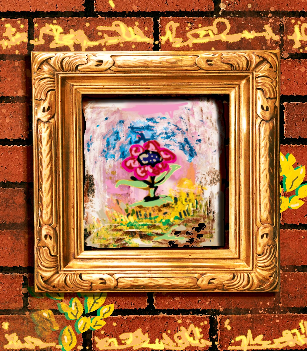 Colorful child's drawing of a flower in a gold frame on a brick wall, with some decorative leaves nearby.