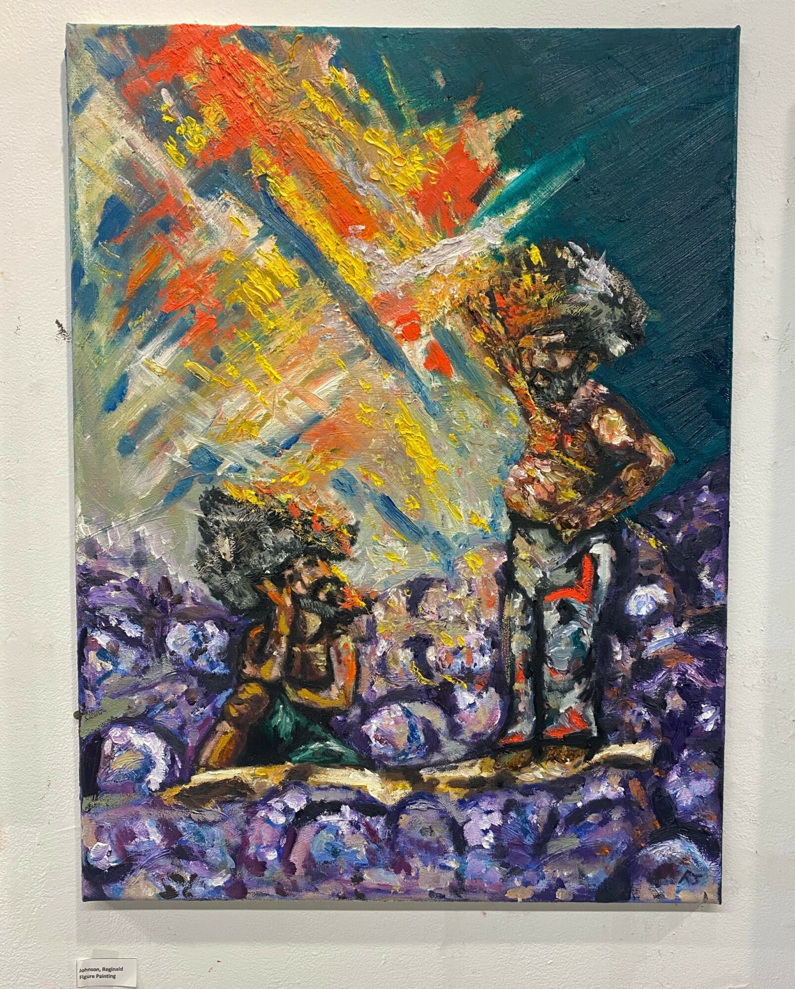 Two children standing on a colorful, abstract background with vibrant streaks of orange, yellow, and blue, and purple ground.