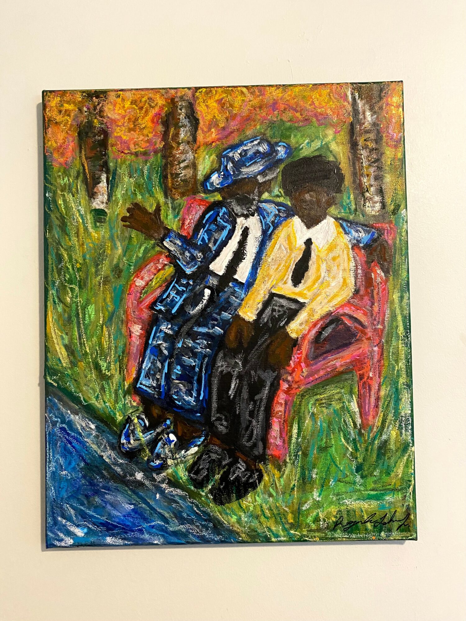 Two people sitting on a pink bench outdoors, surrounded by green grass and trees, in an impressionist style painting.