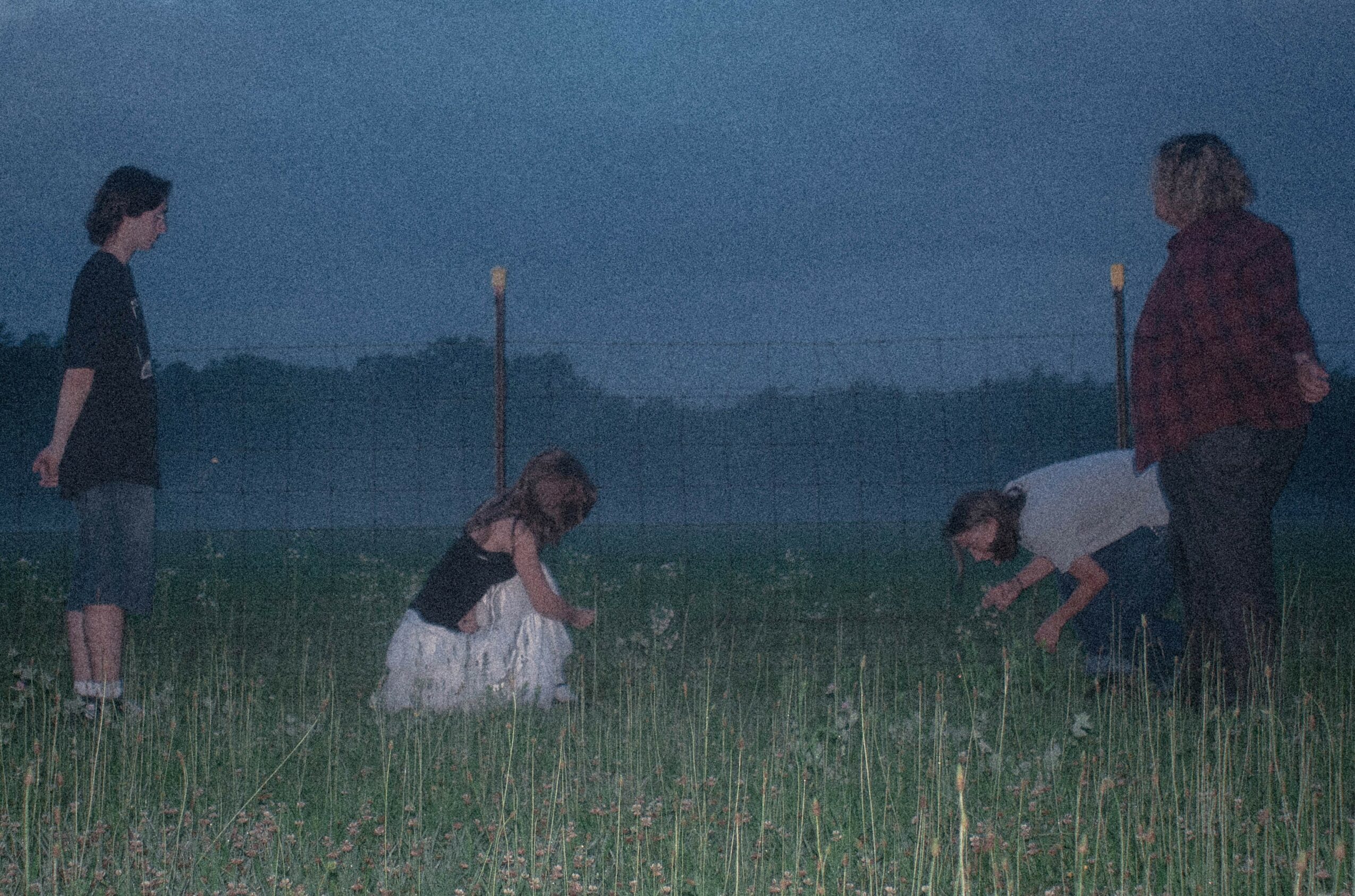 Four people outdoors in a grassy field during dusk, two children kneeling, two adults standing nearby, with a fence in the background.