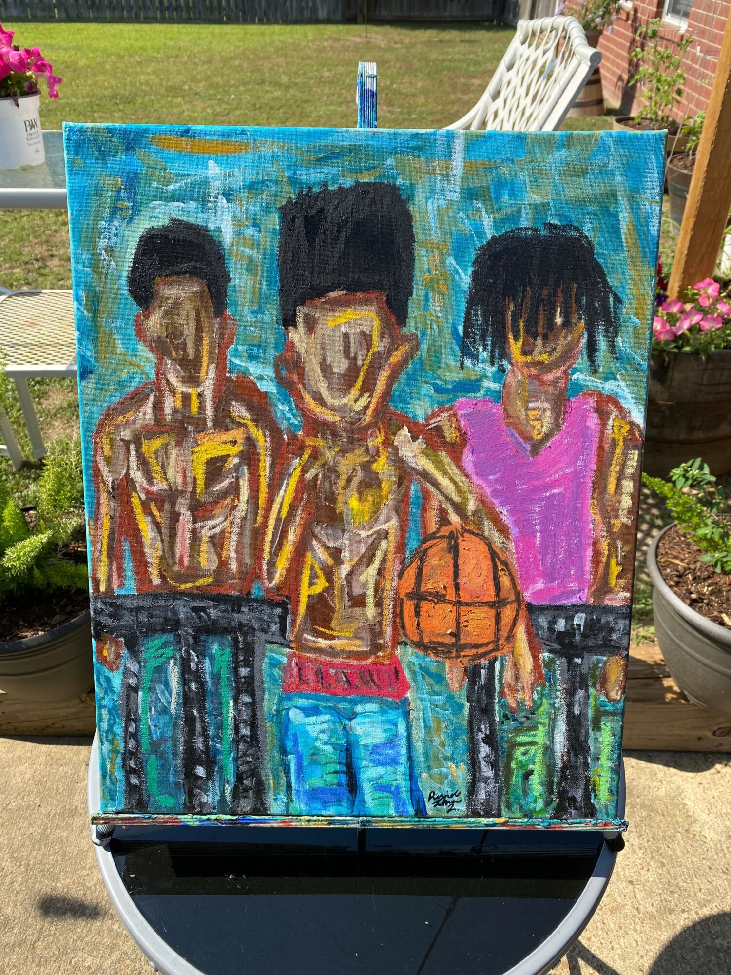 Painting of three children with dark hair, one holding a basketball, in colorful clothing, outdoors with plants and a garden in the background.