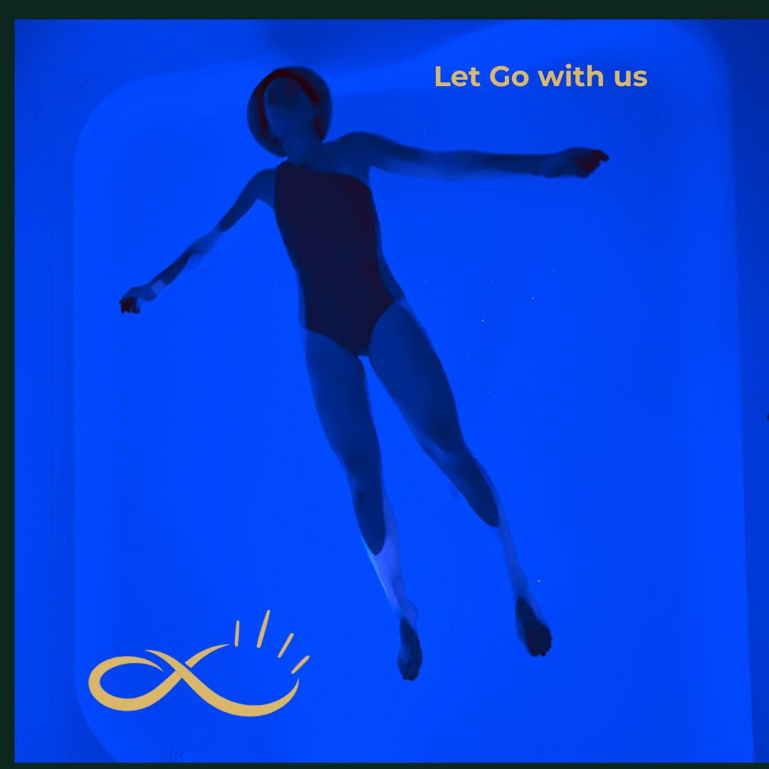 Person floating in blue background with text 'Let Go with us' and an infinity symbol, 20 words.
