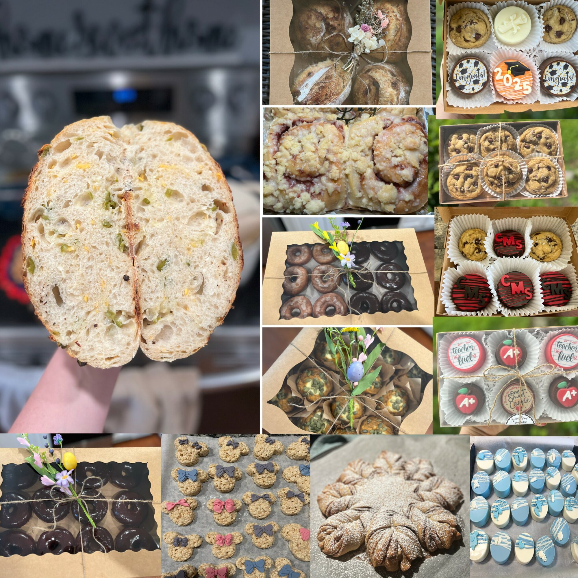 Assorted baked goods including cookies, cupcakes, and bread, with some decorated with flowers and colorful toppings.