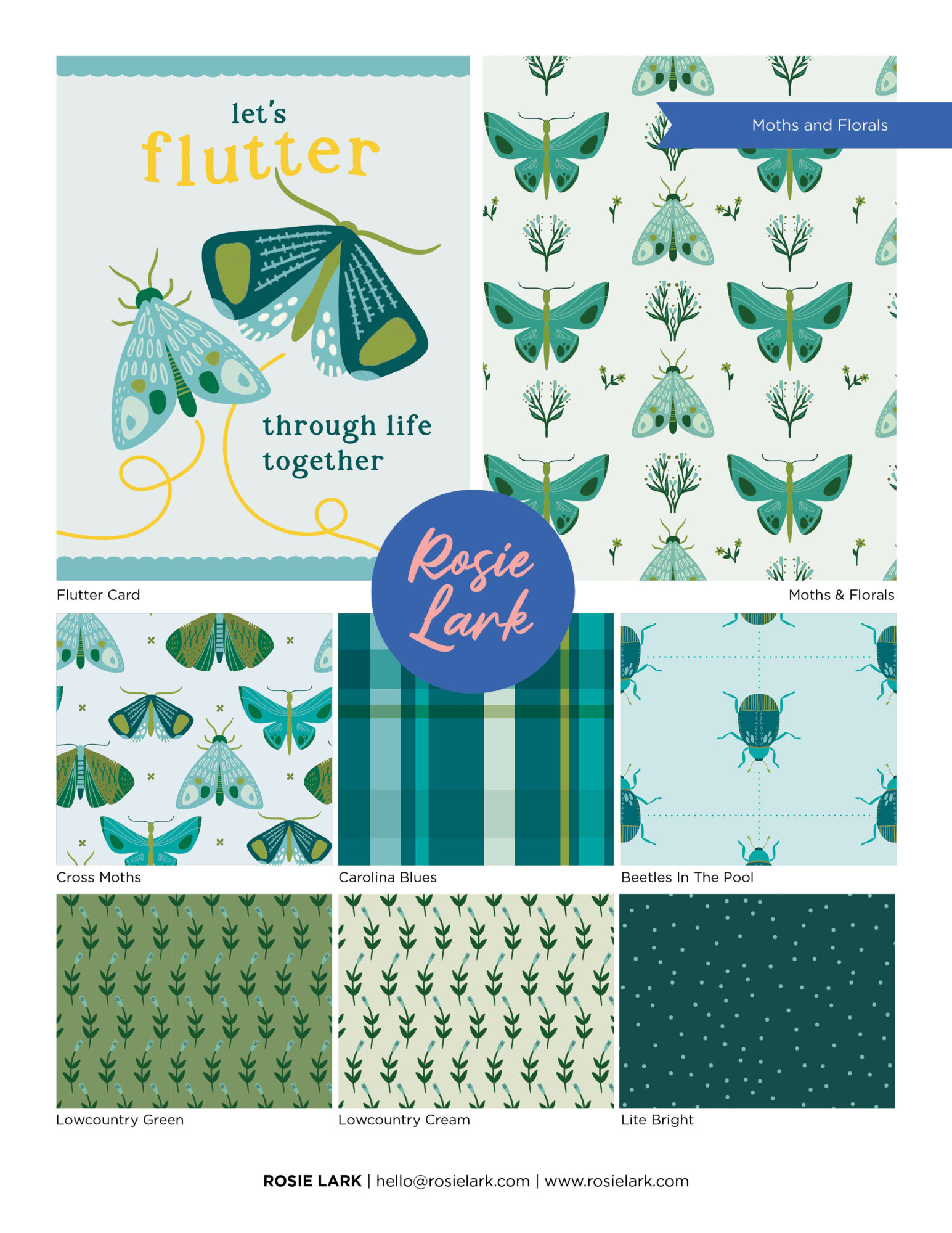 Six patterned cards with butterflies, moths, and floral designs in green and blue shades, arranged in a grid. Word 'Rosie Lark' in circle overlay.