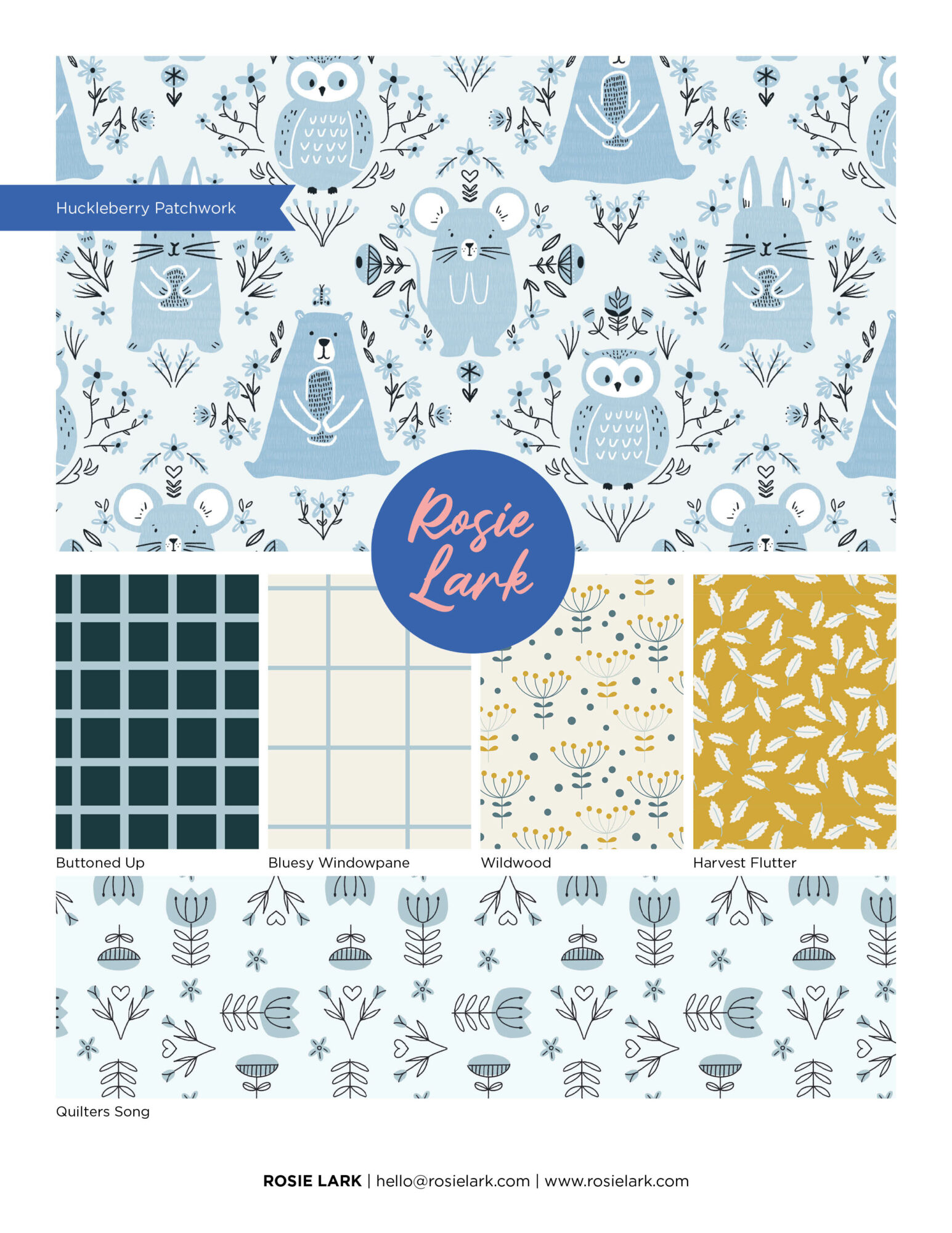 Pattern with owls, trees, and plants in blue, white, and gold, with fabric swatches and a circular label reading 'Rosie Lark'.