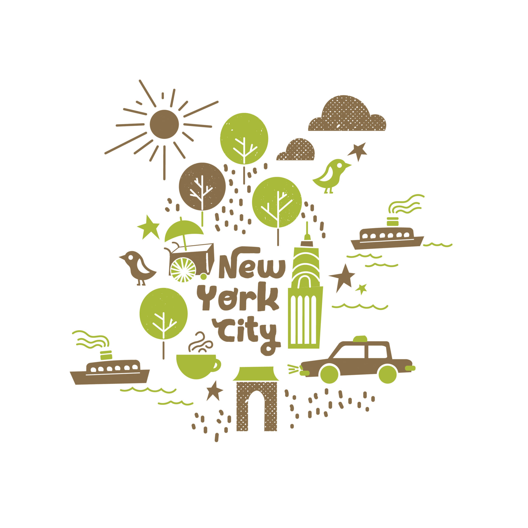 Illustration of New York City with trees, birds, boats, a taxi, and the Statue of Liberty, in green and brown colors.
