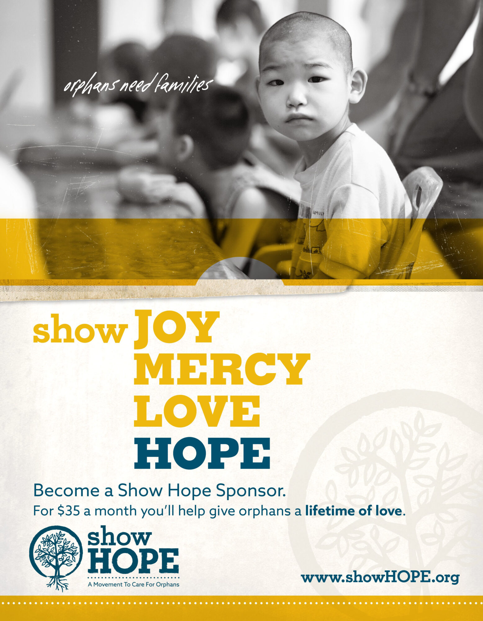 Black and white photo of a young child with a serious expression, sitting at a table with others in the background, with yellow and white text about supporting orphans.