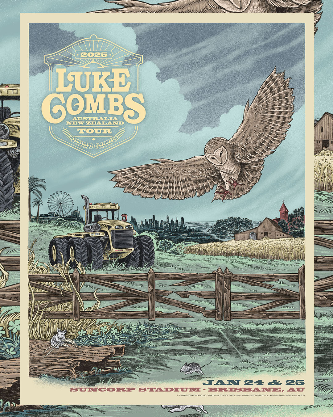 Poster for Luke Combs concert tour featuring an owl flying over a rural landscape with tractor, fence, and trees, with event details.