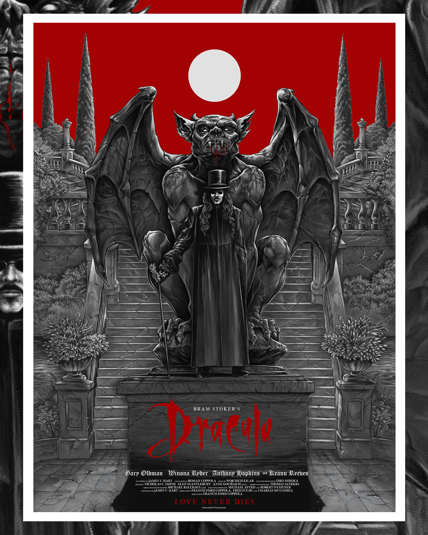 A black dragon with wings spread, sitting on stairs behind a cloaked figure, with a red background and a white circle above.