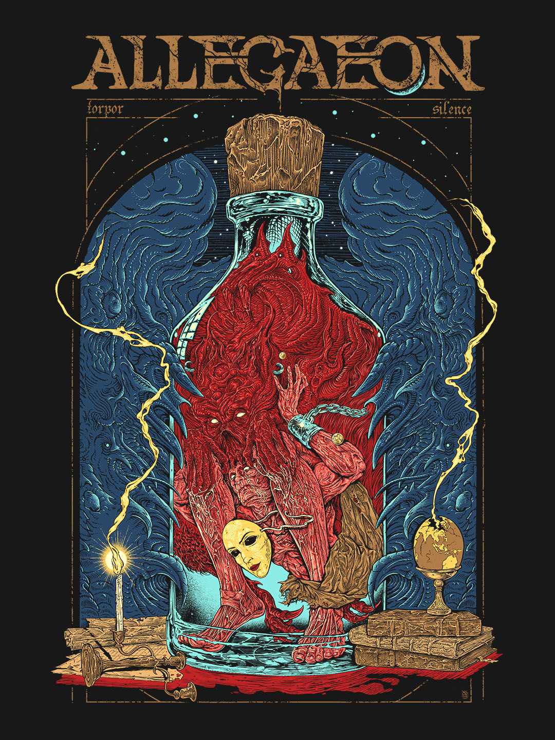 A fantasy illustration with a large red creature, a woman, and mystical elements, framed by blue and gold details.
