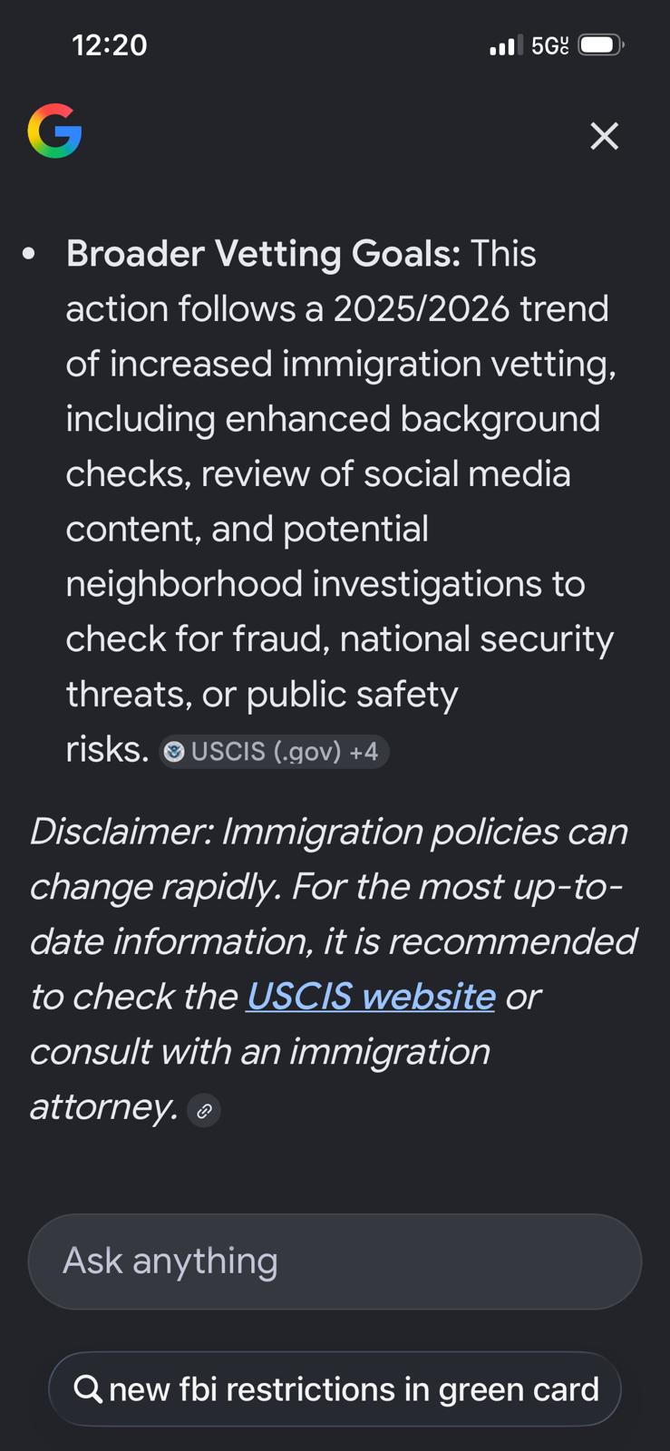 Screenshot of a mobile phone displaying text about vetting goals, USCIS policies, and immigration advice.