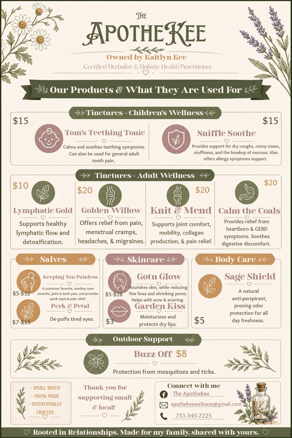 A herbal medicine shop sign with product descriptions, prices, and wellness categories, featuring illustrations of herbs and wellness symbols.