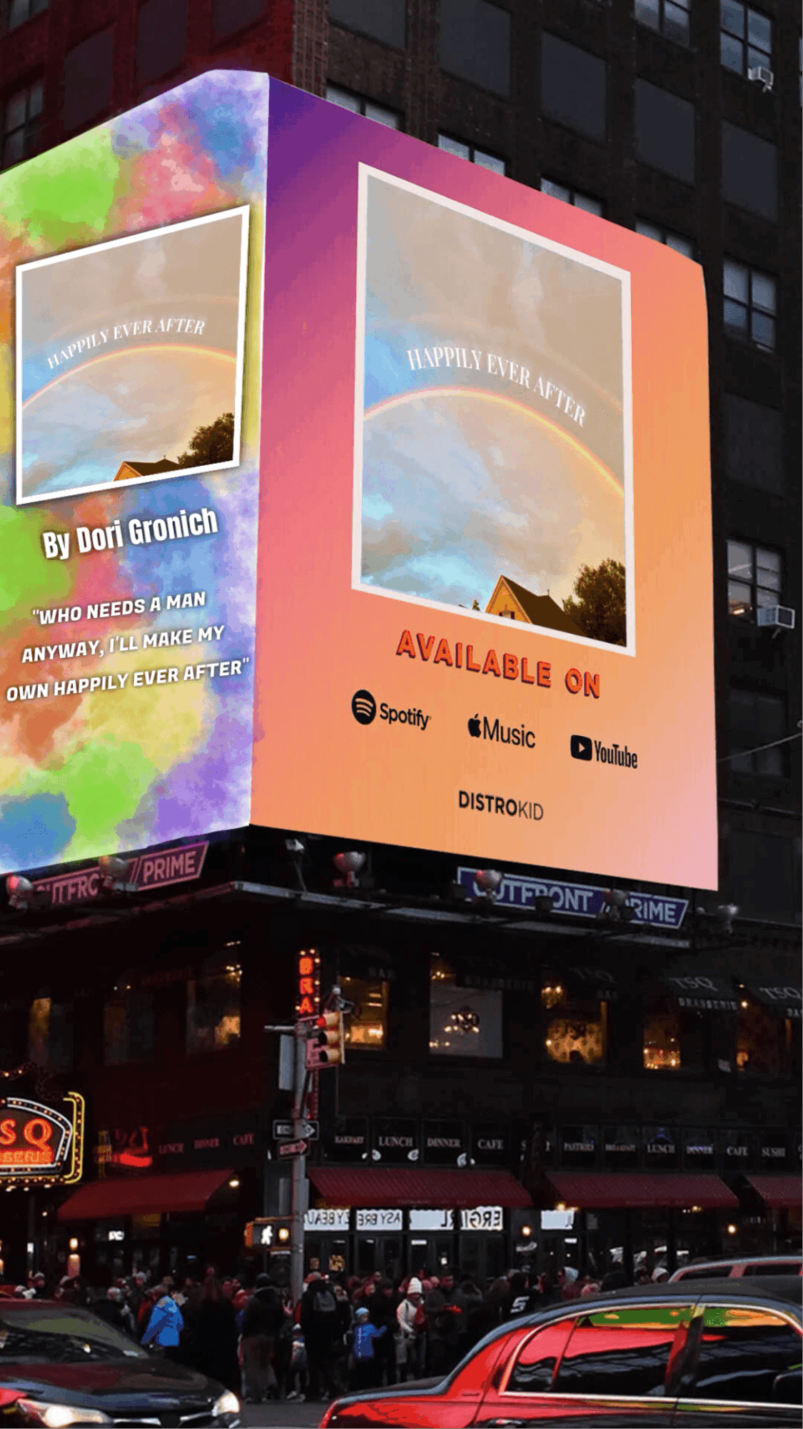 Large digital billboard displays colorful advertisement with text about a product available on various platforms, with a city street below.