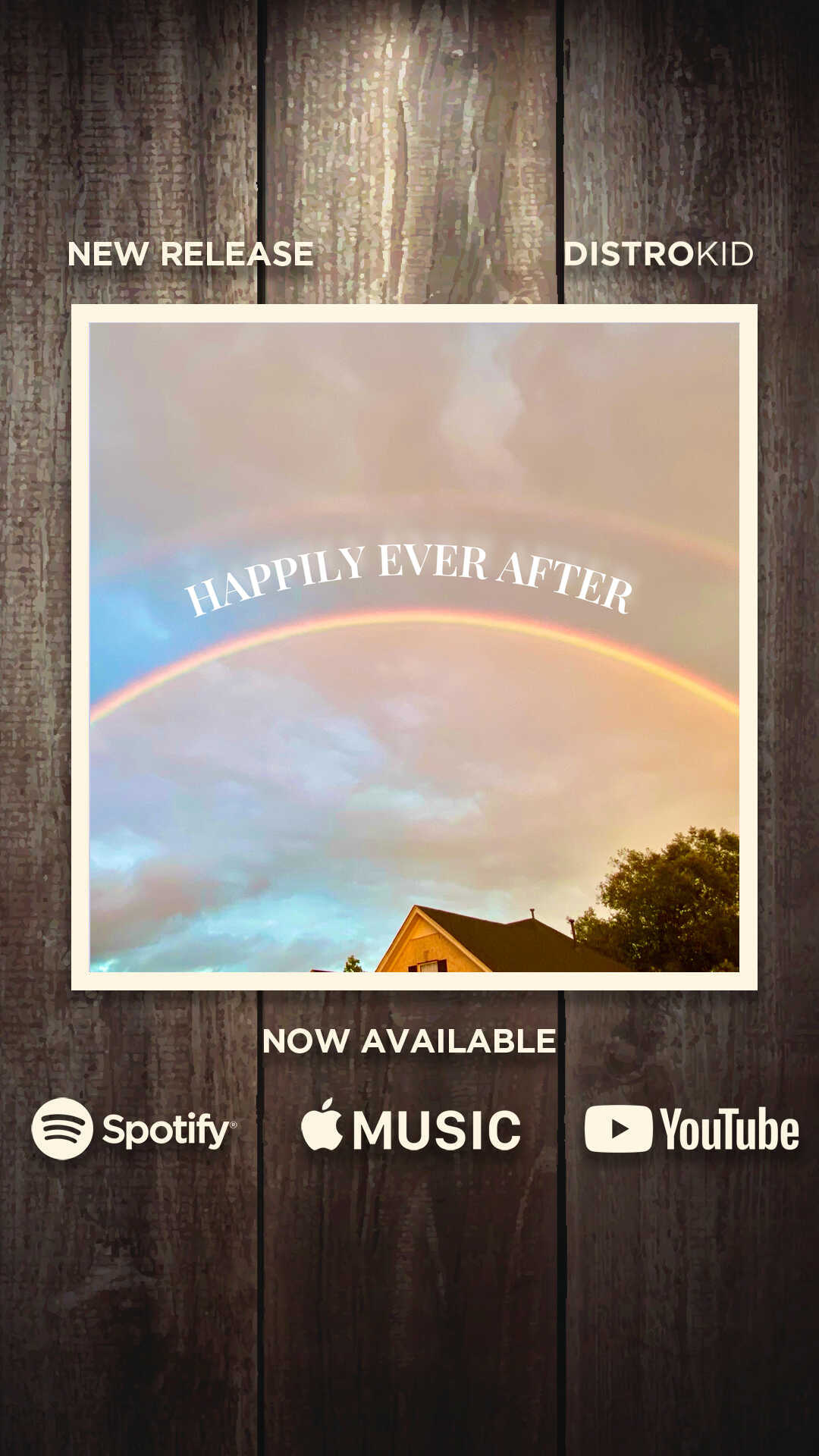 A poster with a rainbow over a house and sky, featuring logos of Spotify, Apple Music, and YouTube, on a wooden background.