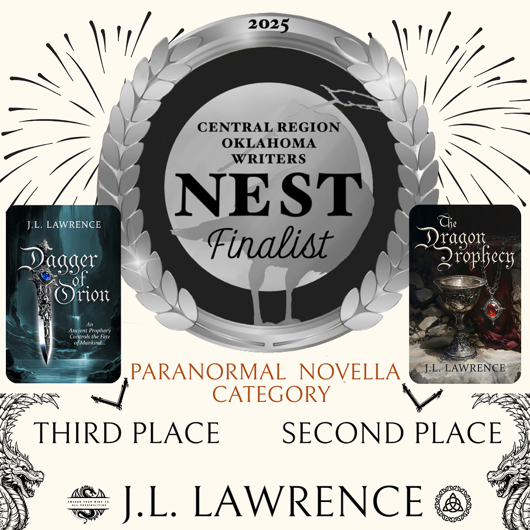 Award certificate with laurel wreath, books, and text for paranormal novella category, third and second place, author J.L. Lawrence.