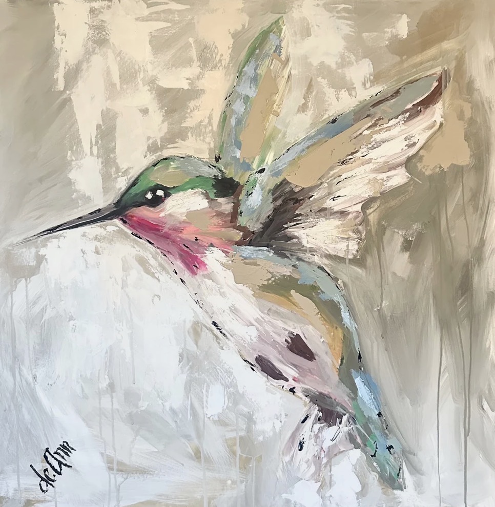 Painting of a colorful hummingbird in flight with wings spread, against a neutral background.