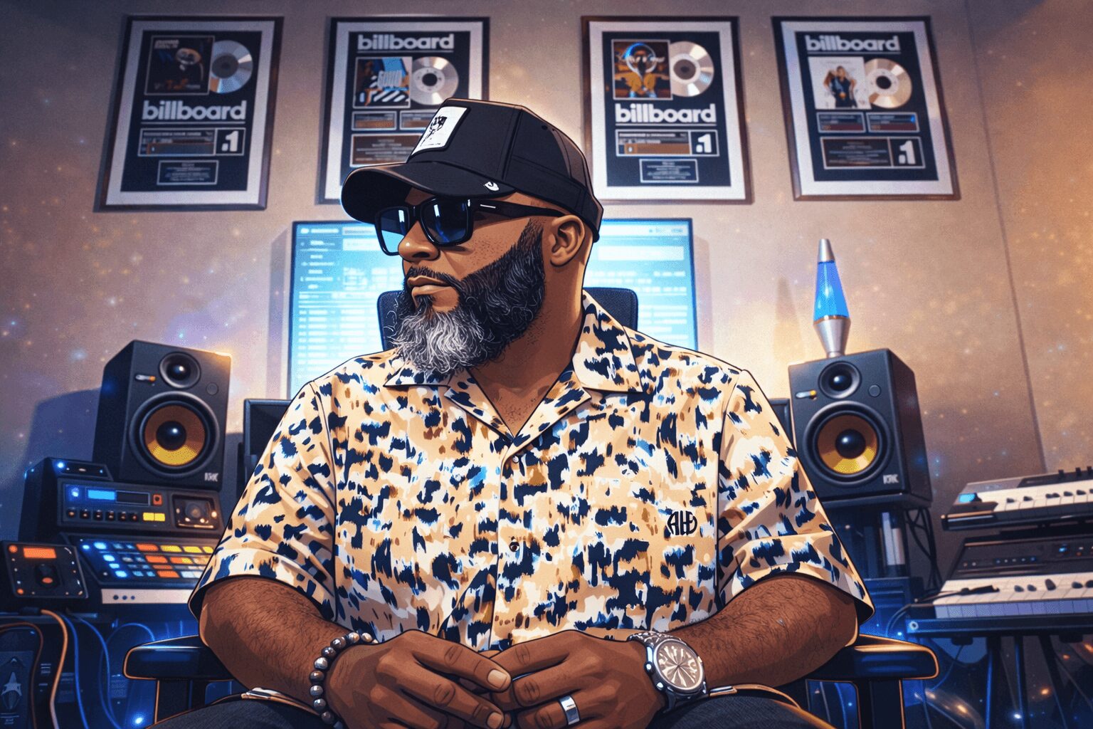 Man with sunglasses, beard, and cap sitting in a music studio with speakers and framed awards on the wall.