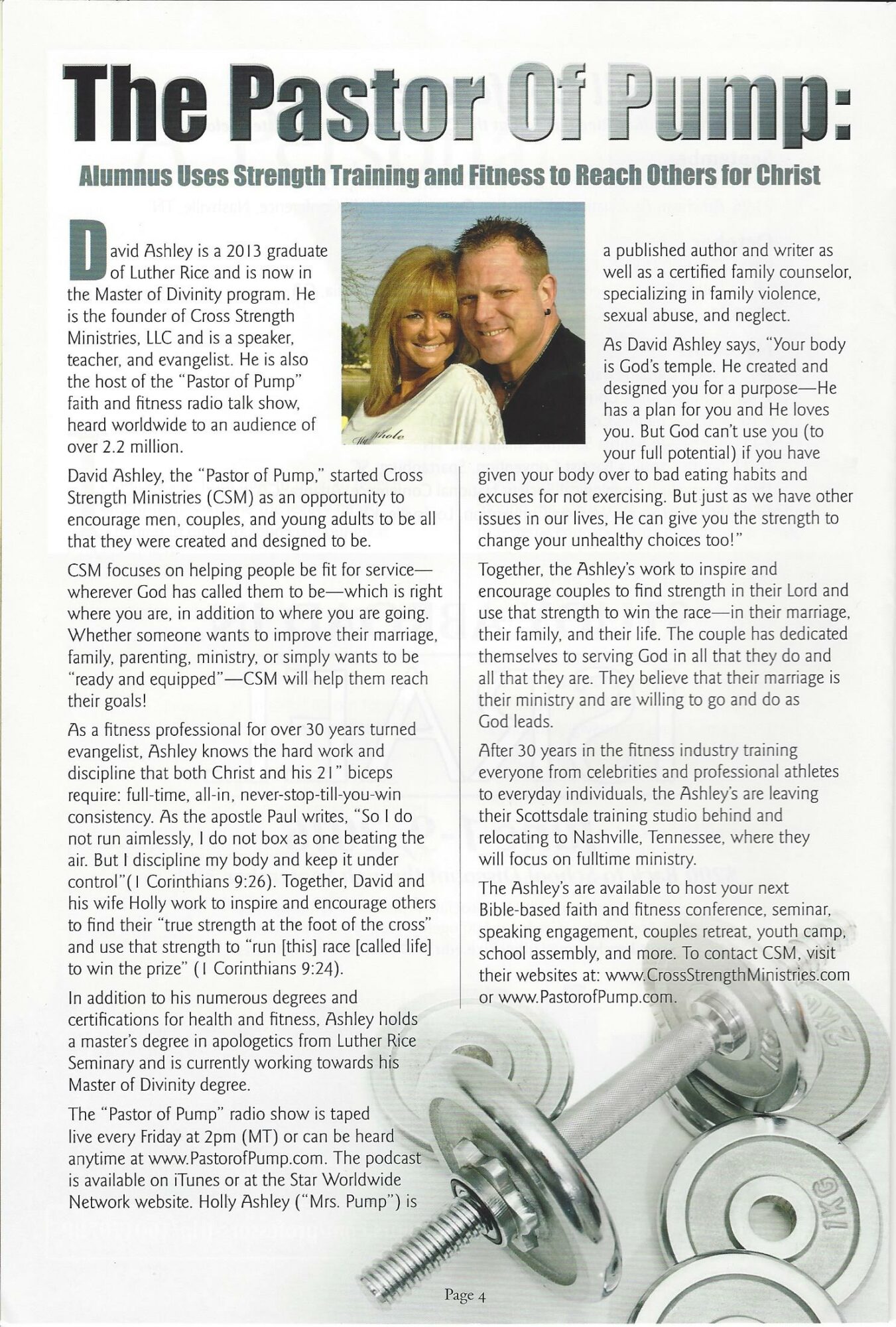Article titled 'The Pastor Of Dump' with a photo of a smiling woman, text about fitness and faith, and dumbbells at the bottom.